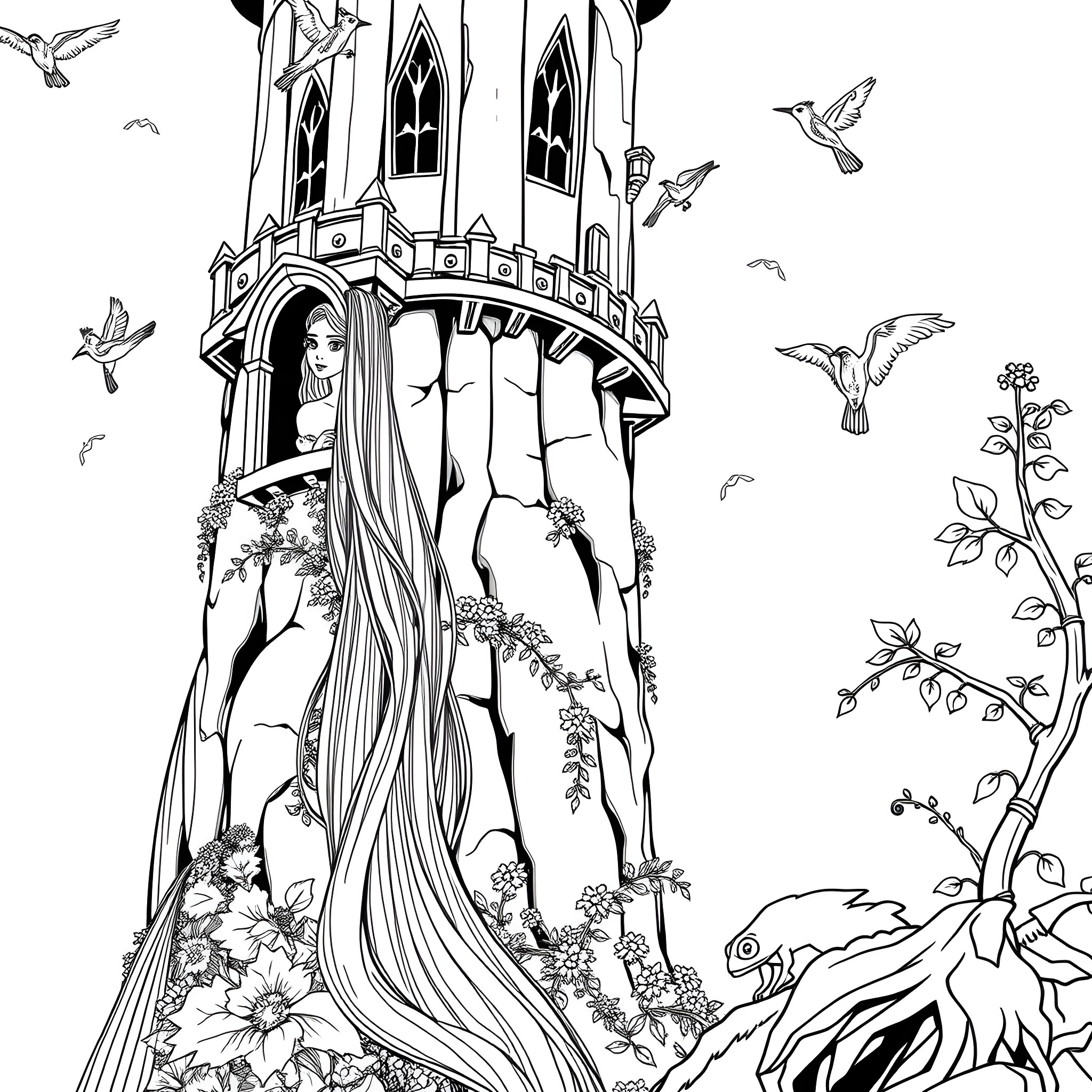 Rapunzel's Enchanted Tower Adventure Coloring Page (free black-and-white line drawing printable PDF for all, from beginners to advanced learners, including children, teens, adults, and seniors)