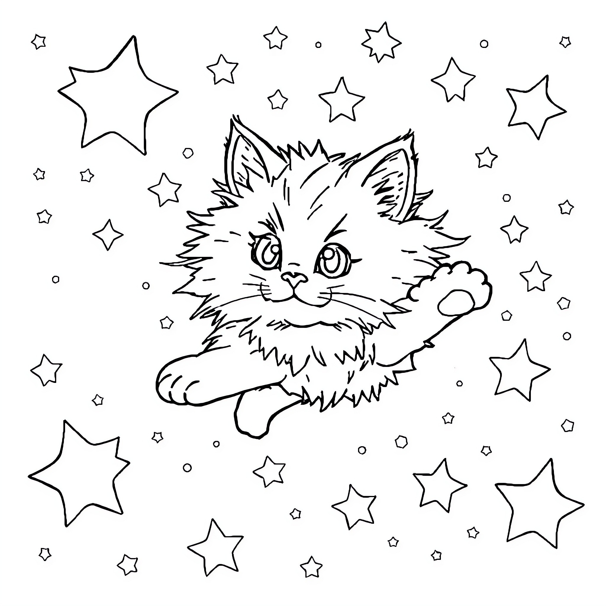 Cat surrounded by shining stars Coloring Page (free black-and-white line drawing printable PDF for all, from beginners to advanced learners, including children, teens, adults, and seniors)