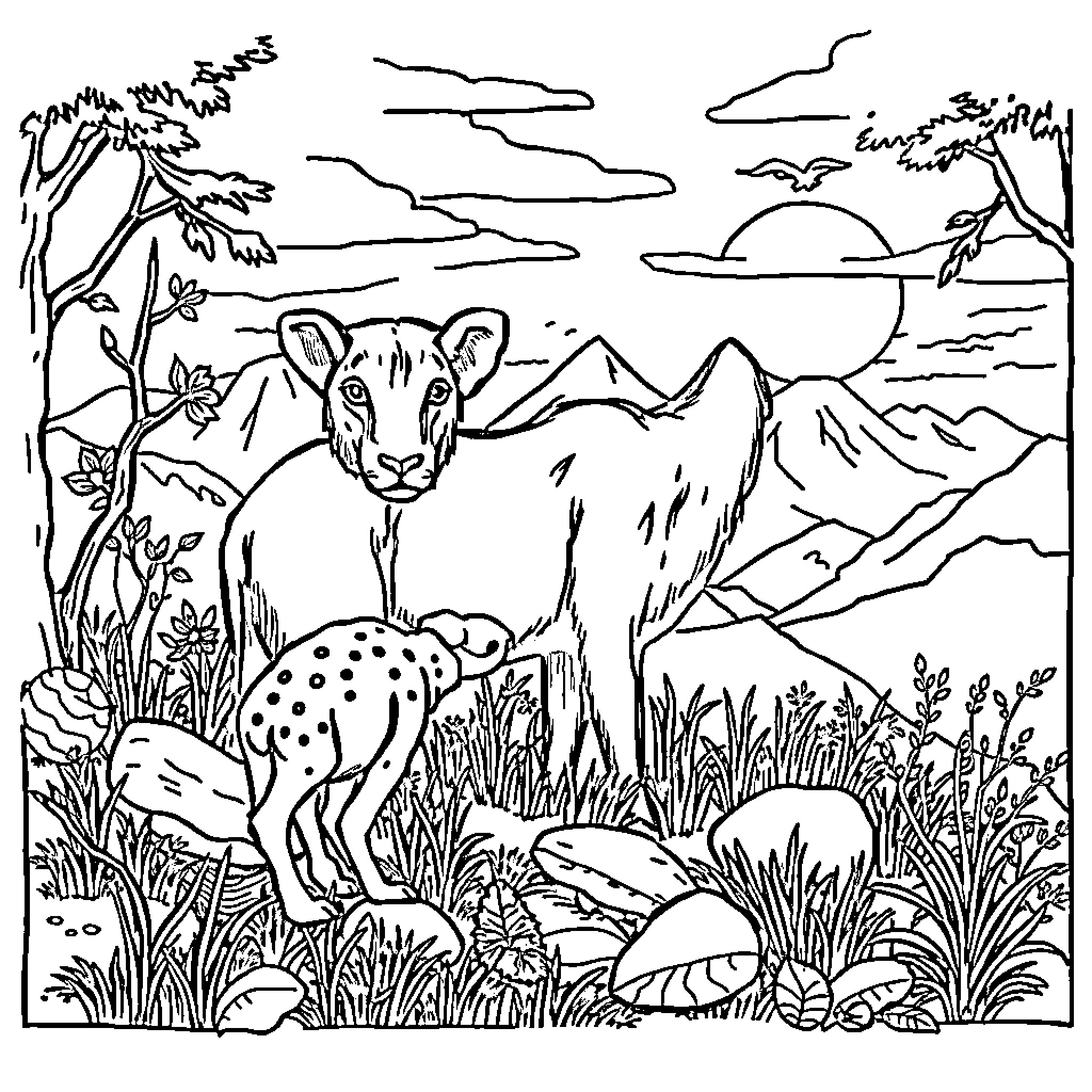 Conservation of wildlife in a natural mountain landscape Coloring Page (free black-and-white line drawing printable PDF for all, from beginners to advanced learners, including children, teens, adults, and seniors)