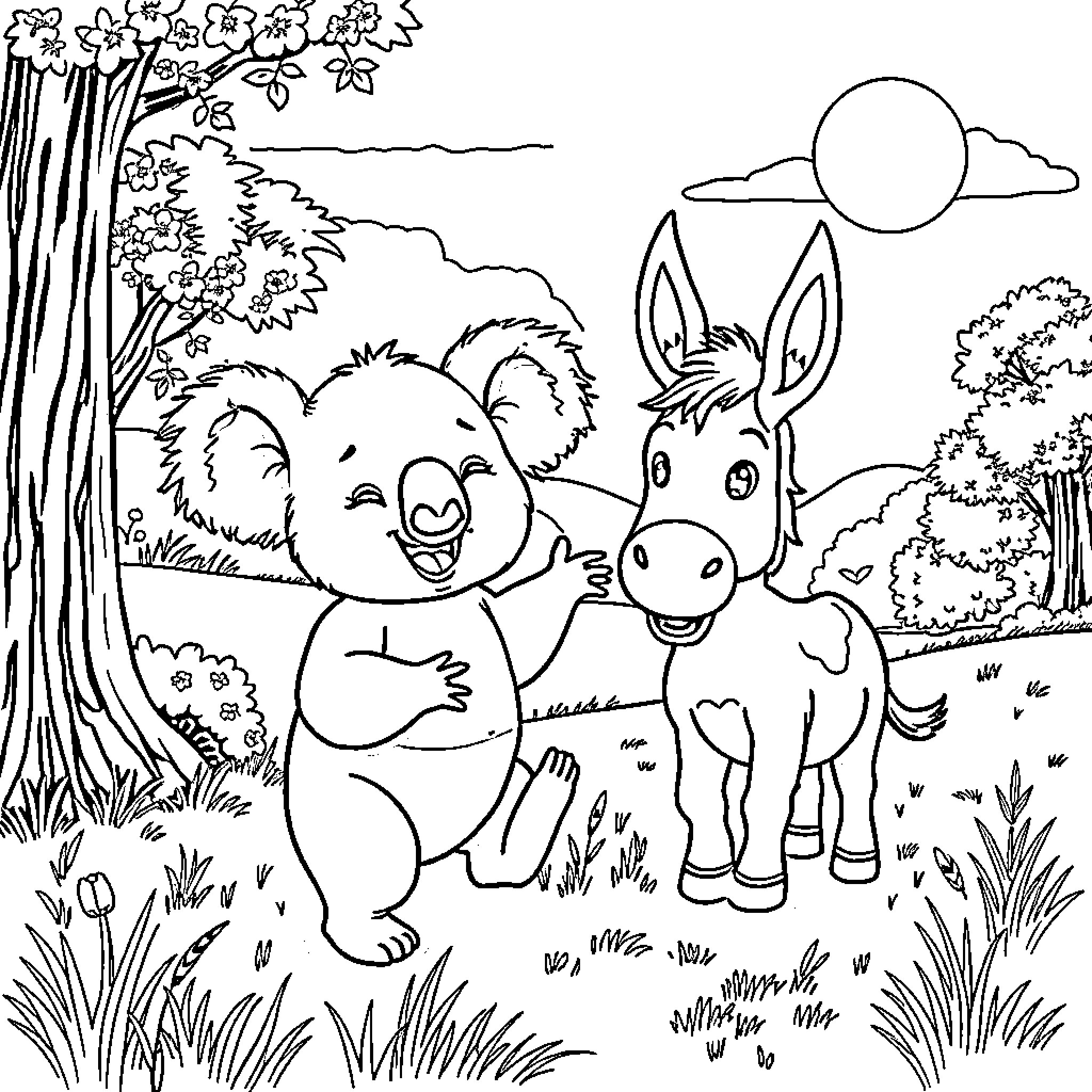 Koala and Donkey Exploring the Forest Coloring Page (free black-and-white line drawing printable PDF for all, from beginners to advanced learners, including children, teens, adults, and seniors)