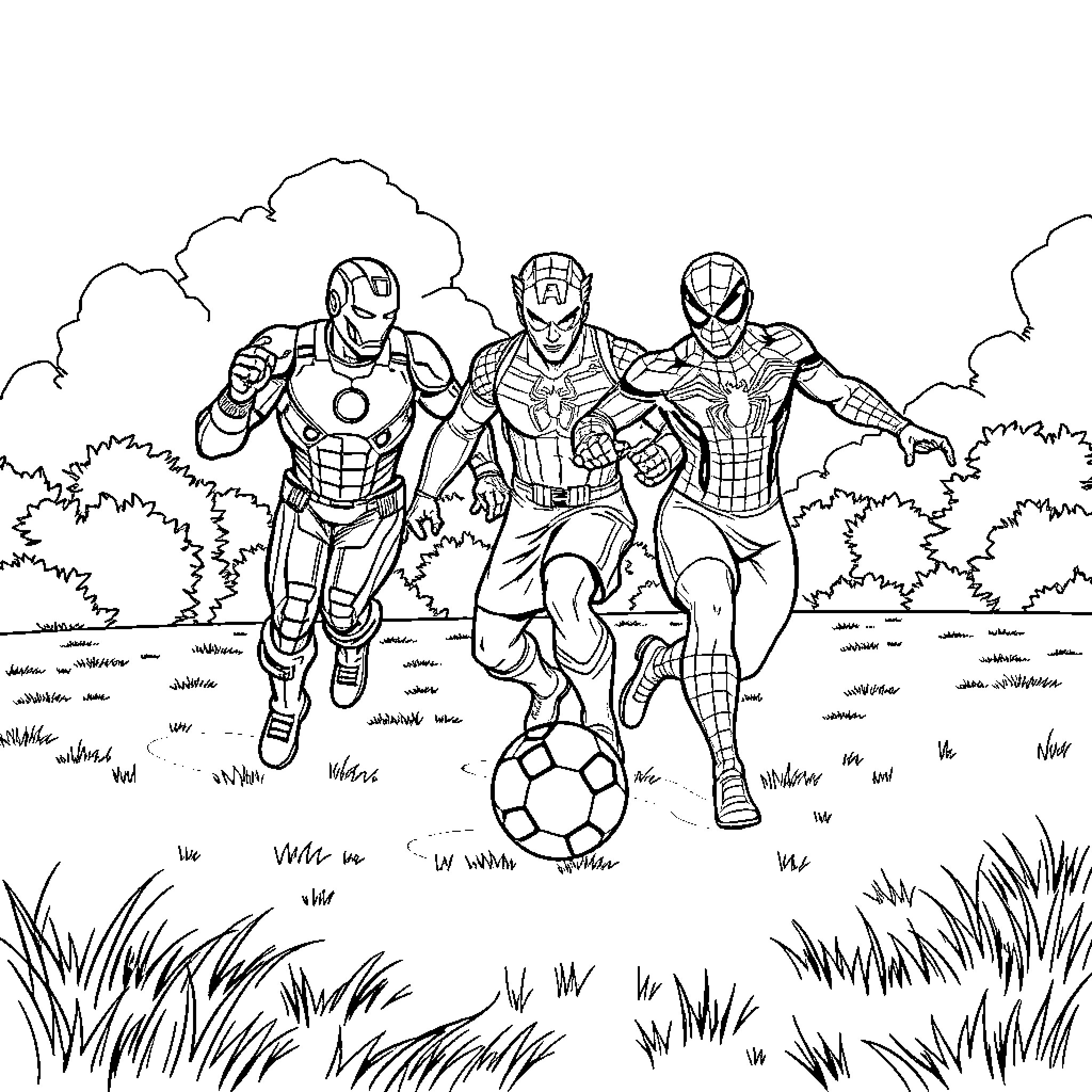 Marvel Heroes Enjoying a Friendly Game in the Park Coloring Page (free black-and-white line drawing printable PDF for all, from beginners to advanced learners, including children, teens, adults, and seniors)