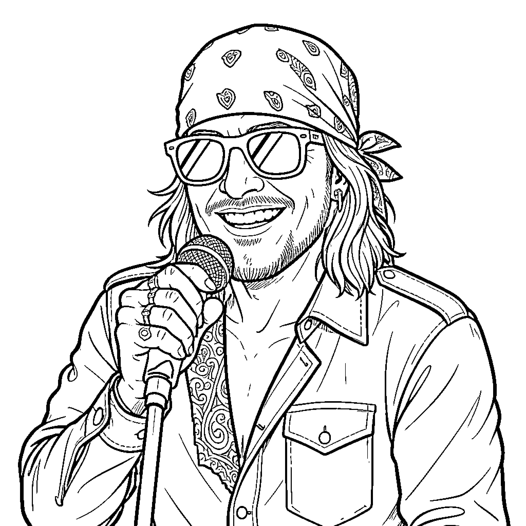 Bret Michaels singing into a microphone wearing sunglasses Coloring Page (free black-and-white line drawing printable PDF for all, from beginners to advanced learners, including children, teens, adults, and seniors)