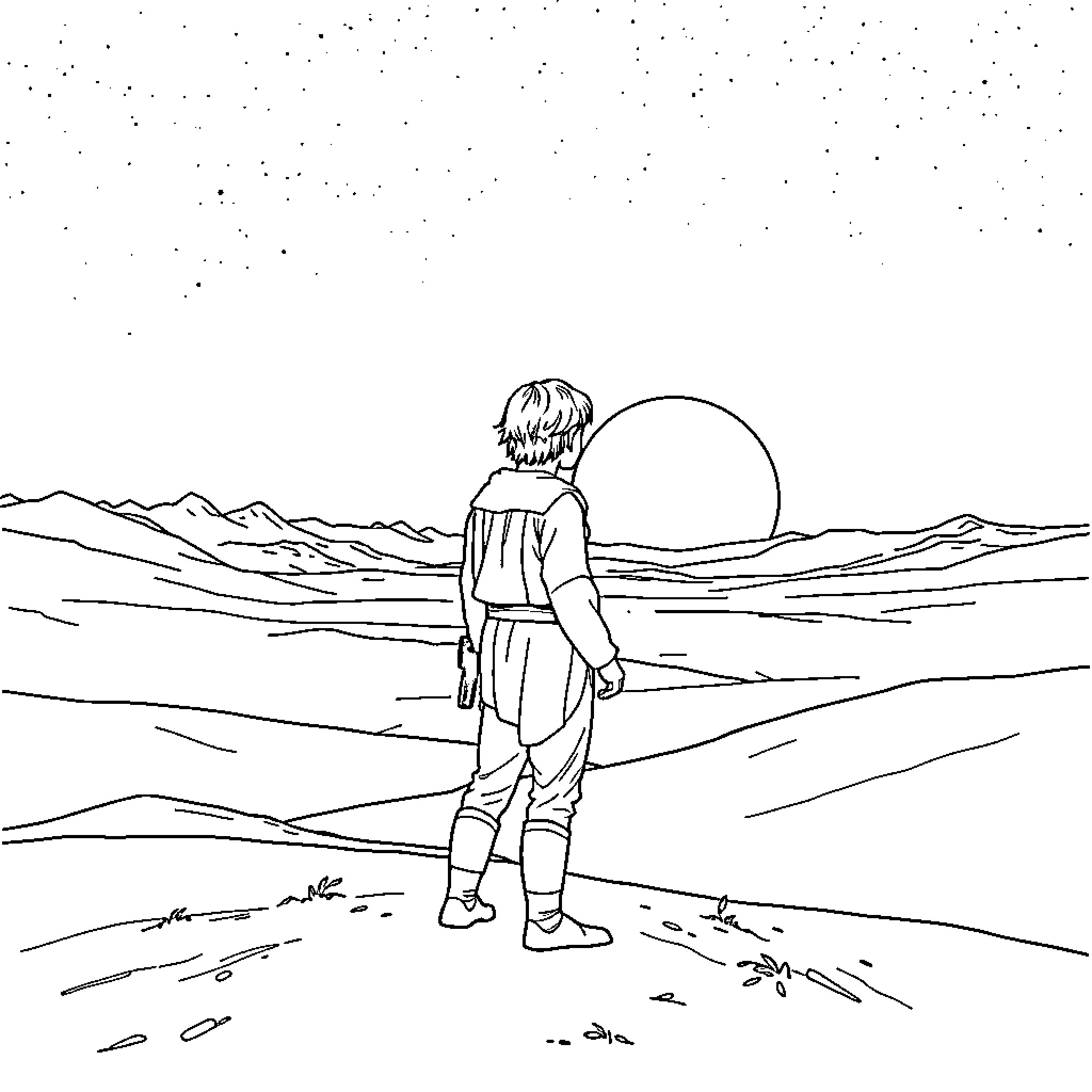 Luke Skywalker contemplating the desert landscape Coloring Page (free black-and-white line drawing printable PDF for all, from beginners to advanced learners, including children, teens, adults, and seniors)