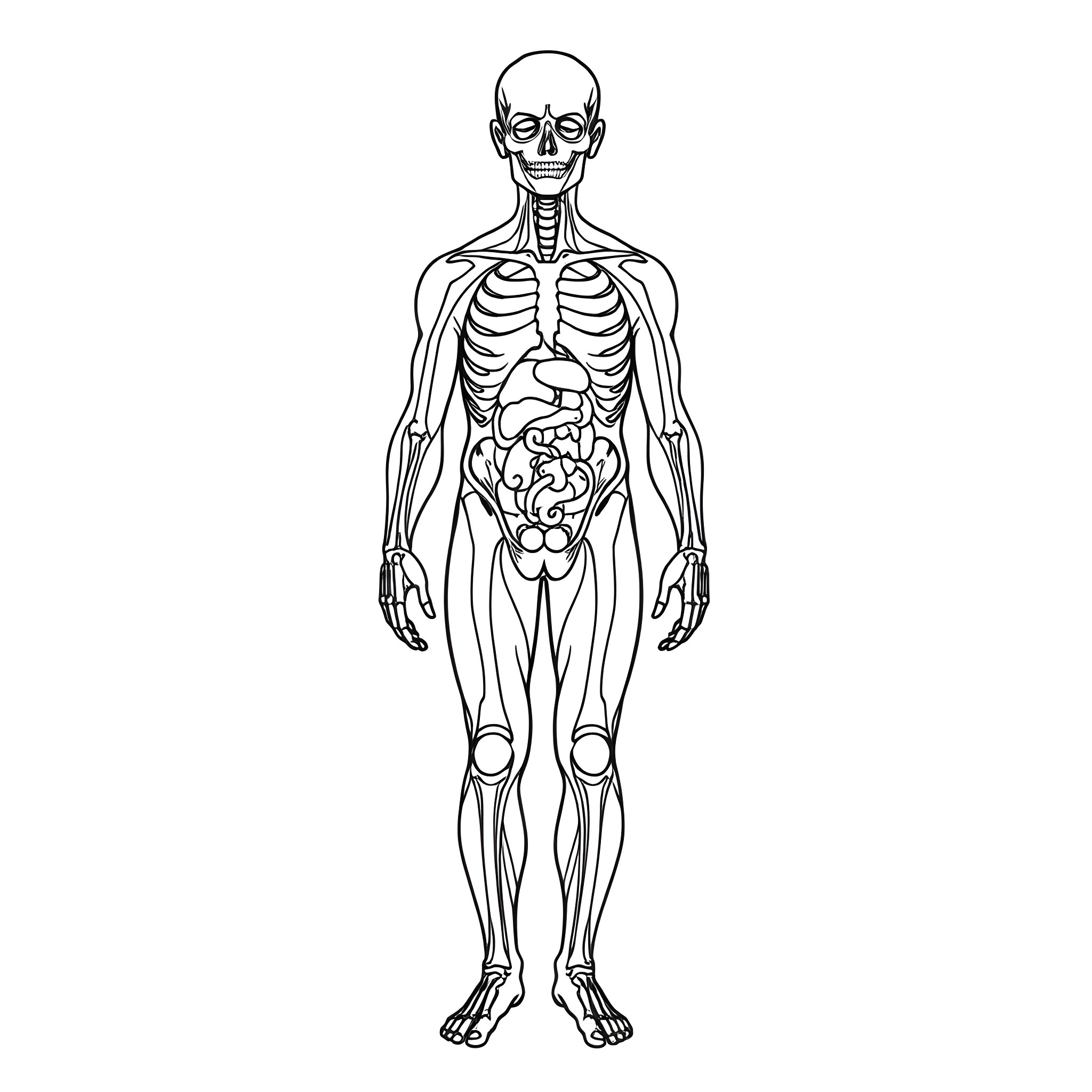 Anatomy of the human skeletal and digestive systems Coloring Page (free black-and-white line drawing printable PDF for all, from beginners to advanced learners, including children, teens, adults, and seniors)