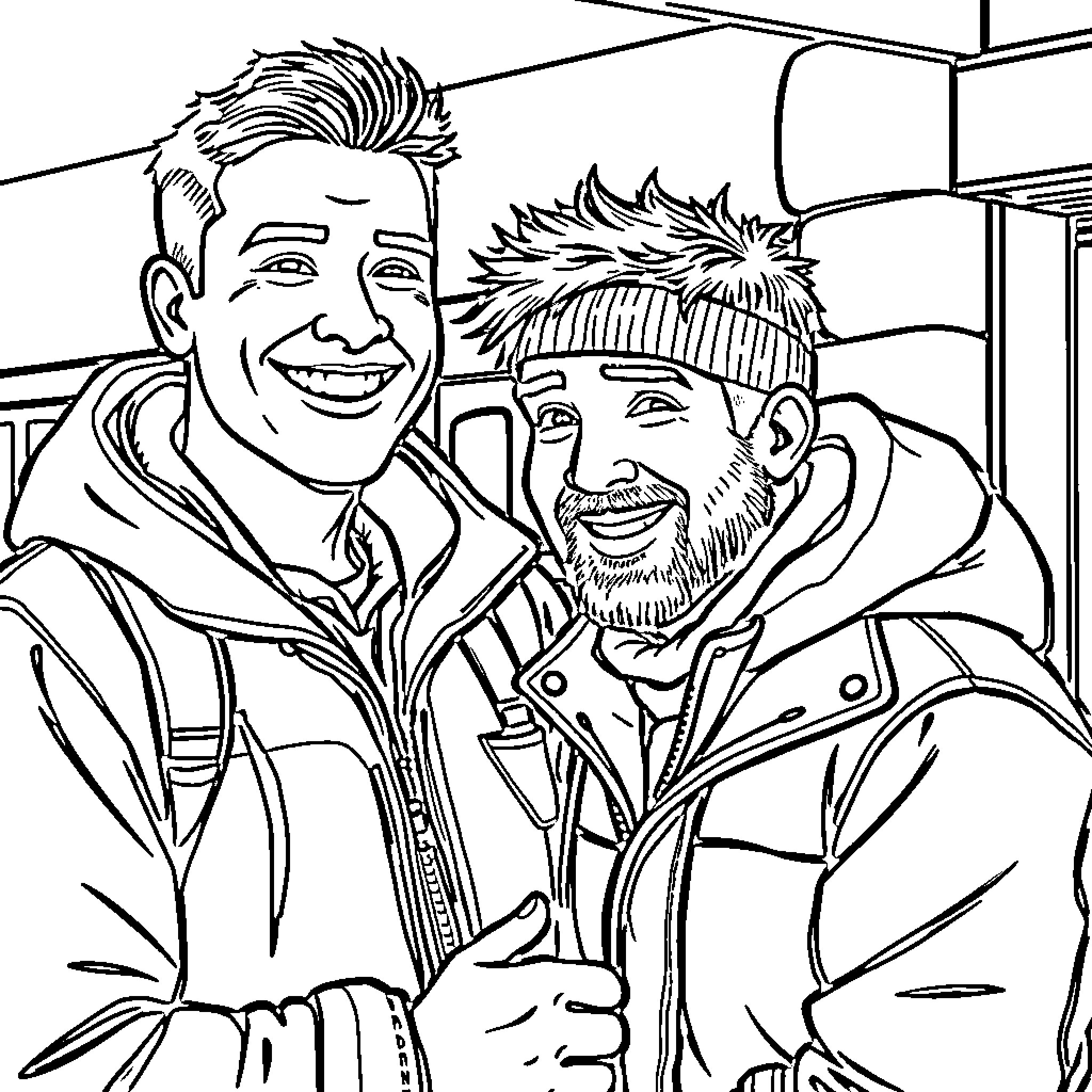 Man sharing laughs with friend in cold weather Coloring Page (free black-and-white line drawing printable PDF for all, from beginners to advanced learners, including children, teens, adults, and seniors)