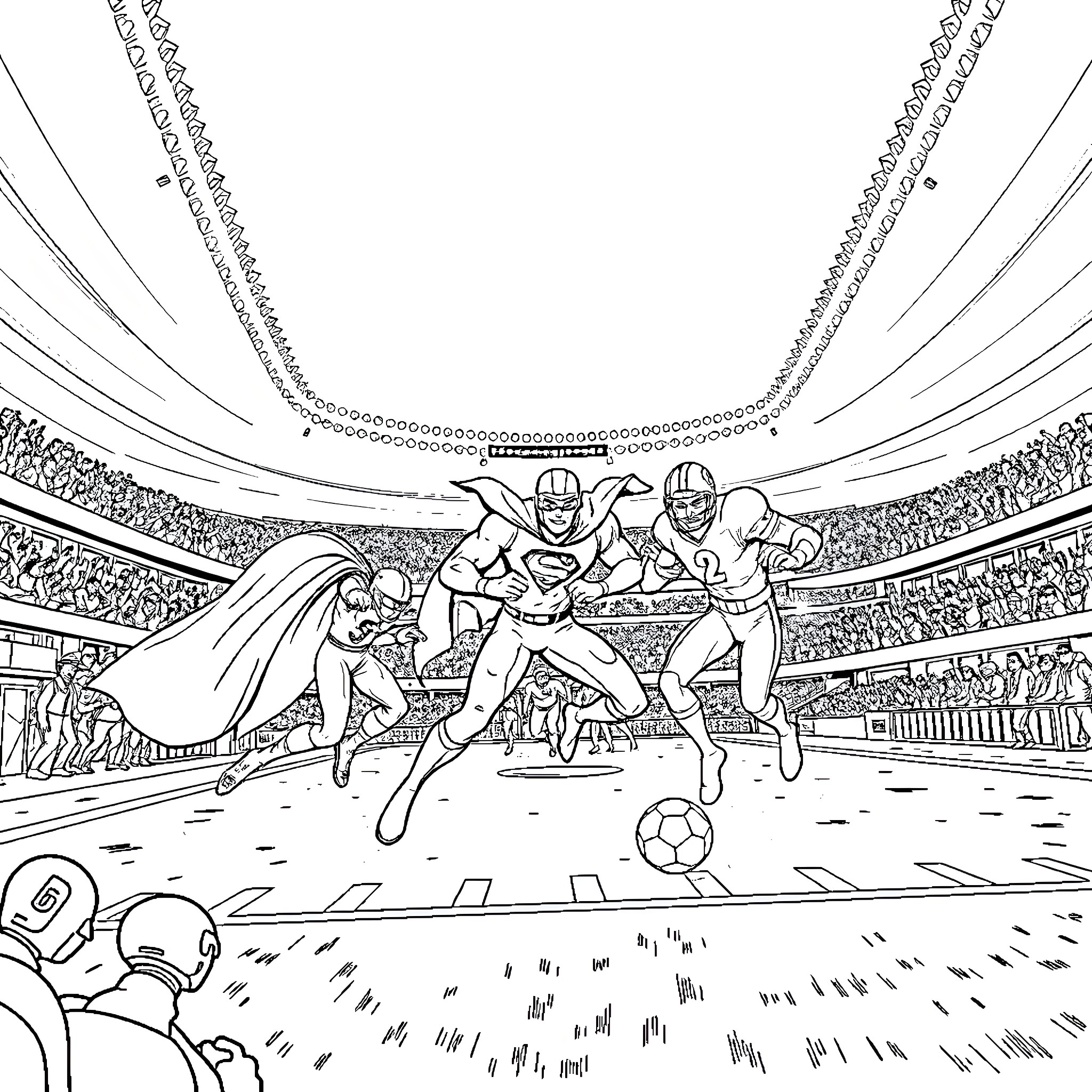 Superhero Football Stars in Action-Packed Stadium Scene Coloring Page (free black-and-white line drawing printable PDF for all, from beginners to advanced learners, including children, teens, adults, and seniors)