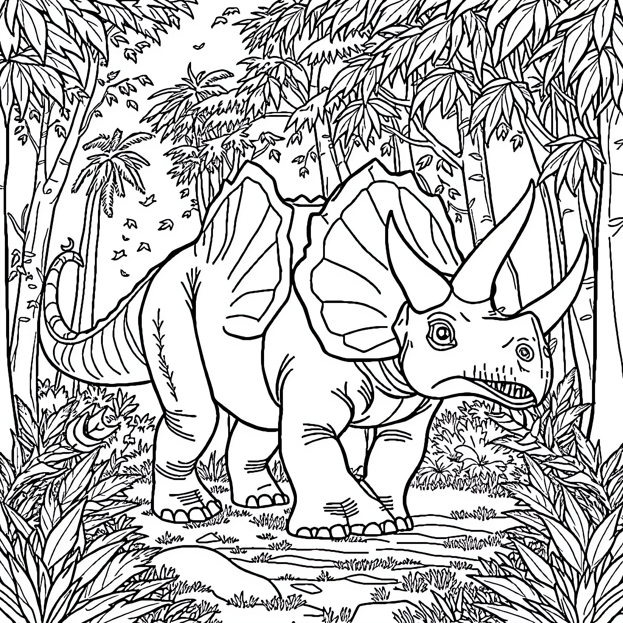Triceratops exploring the lush jungle landscape Coloring Page (free black-and-white line drawing printable PDF for all, from beginners to advanced learners, including children, teens, adults, and seniors)