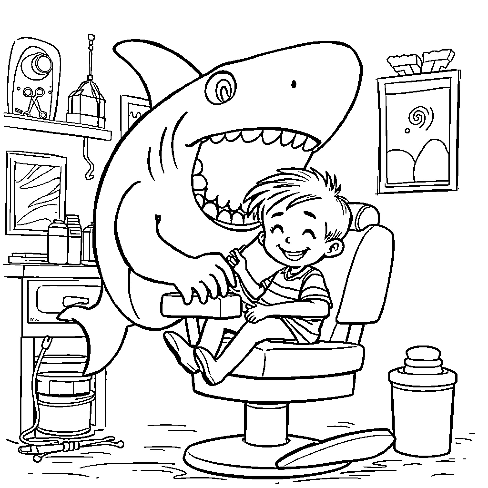 Shark Helping Boy in Dental Chair Coloring Page (free black-and-white line drawing printable PDF for all, from beginners to advanced learners, including children, teens, adults, and seniors)