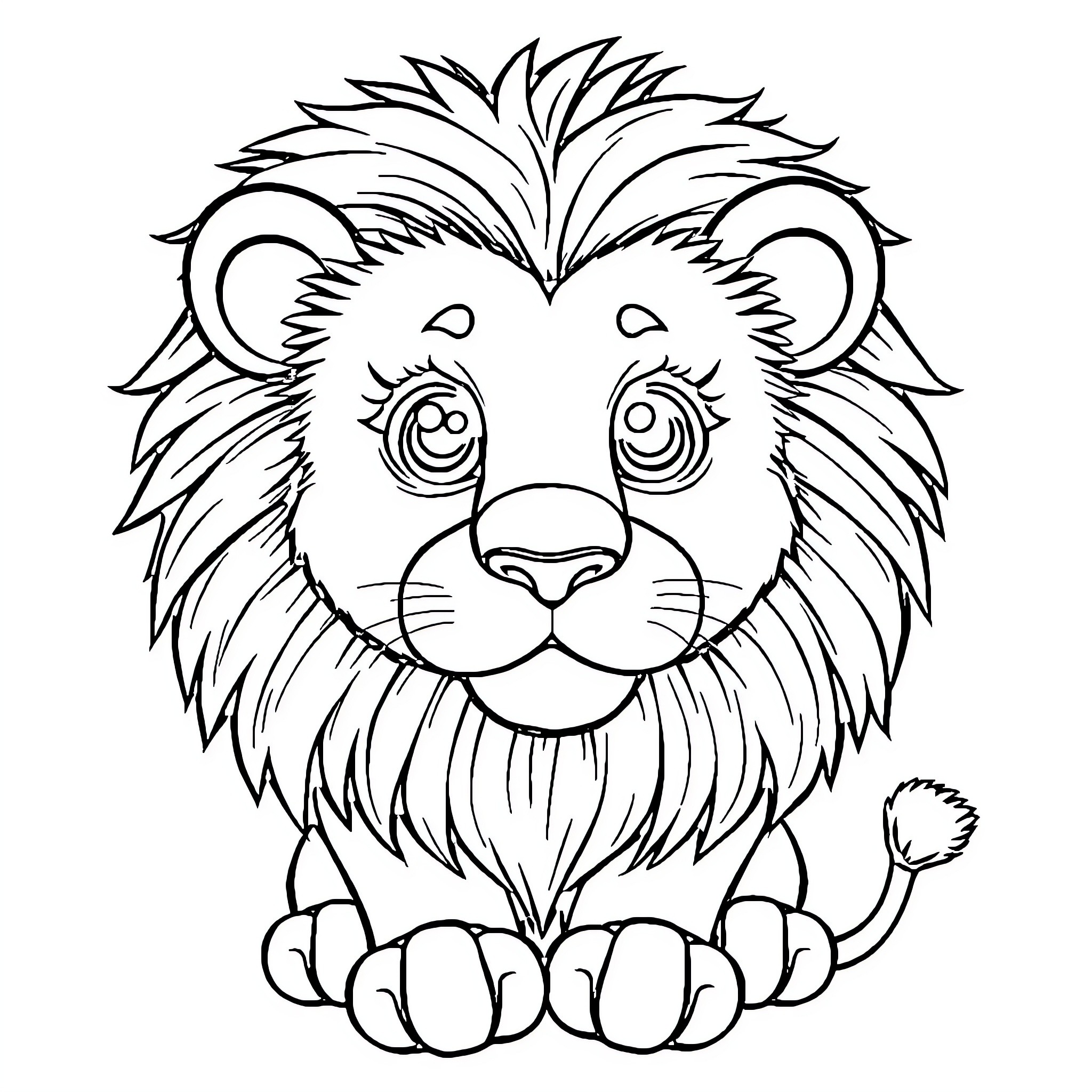 Lion with curious expression Coloring Page (free black-and-white line drawing printable PDF for all, from beginners to advanced learners, including children, teens, adults, and seniors)