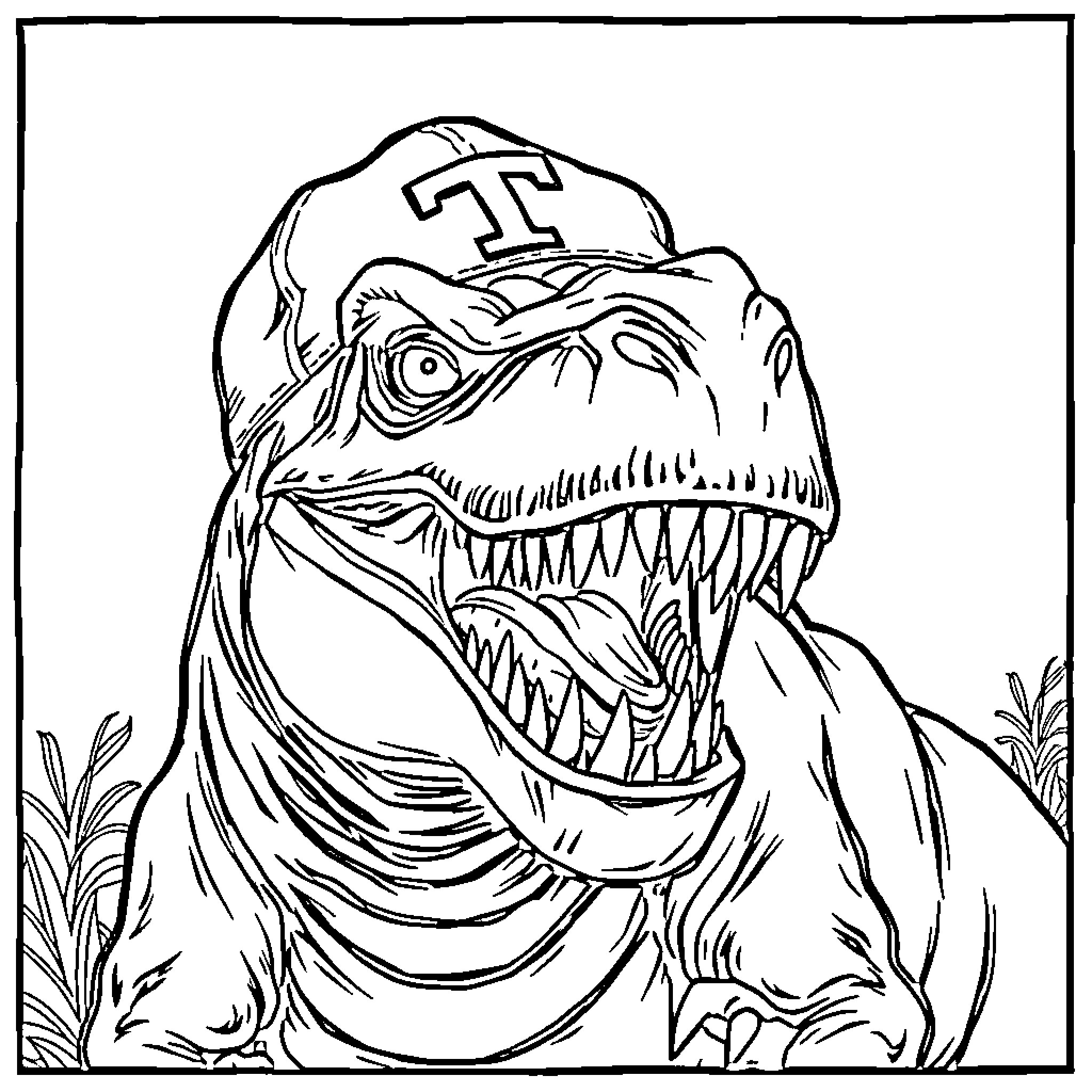 Dinosaur wearing a sports team hat and roaring fiercely Coloring Page (free black-and-white line drawing printable PDF for all, from beginners to advanced learners, including children, teens, adults, and seniors)