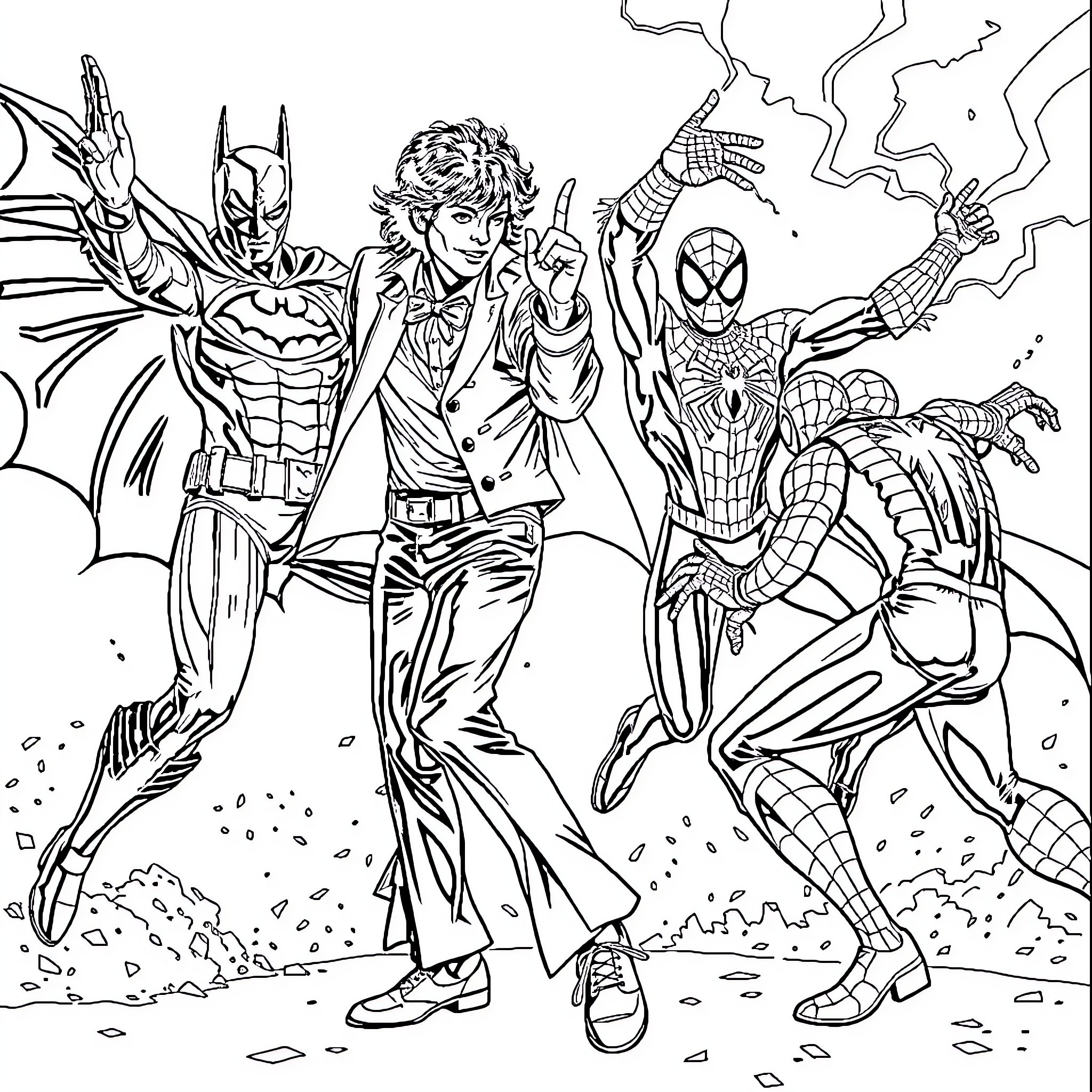 Michael Jackson's Superheroes Jamboree Coloring Page (free black-and-white line drawing printable PDF for all, from beginners to advanced learners, including children, teens, adults, and seniors)