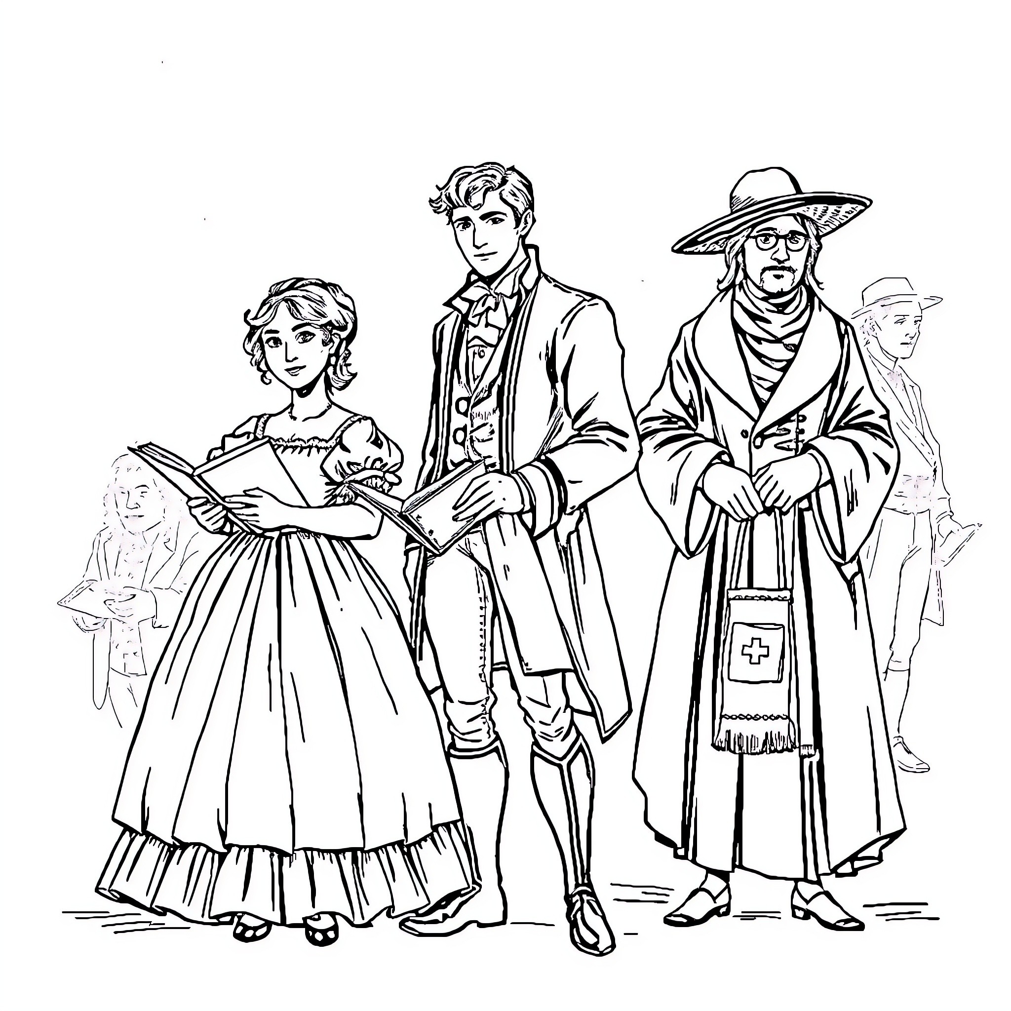 Woman in historical Victorian attire with gentleman and religious figures Coloring Page (free black-and-white line drawing printable PDF for all, from beginners to advanced learners, including children, teens, adults, and seniors)