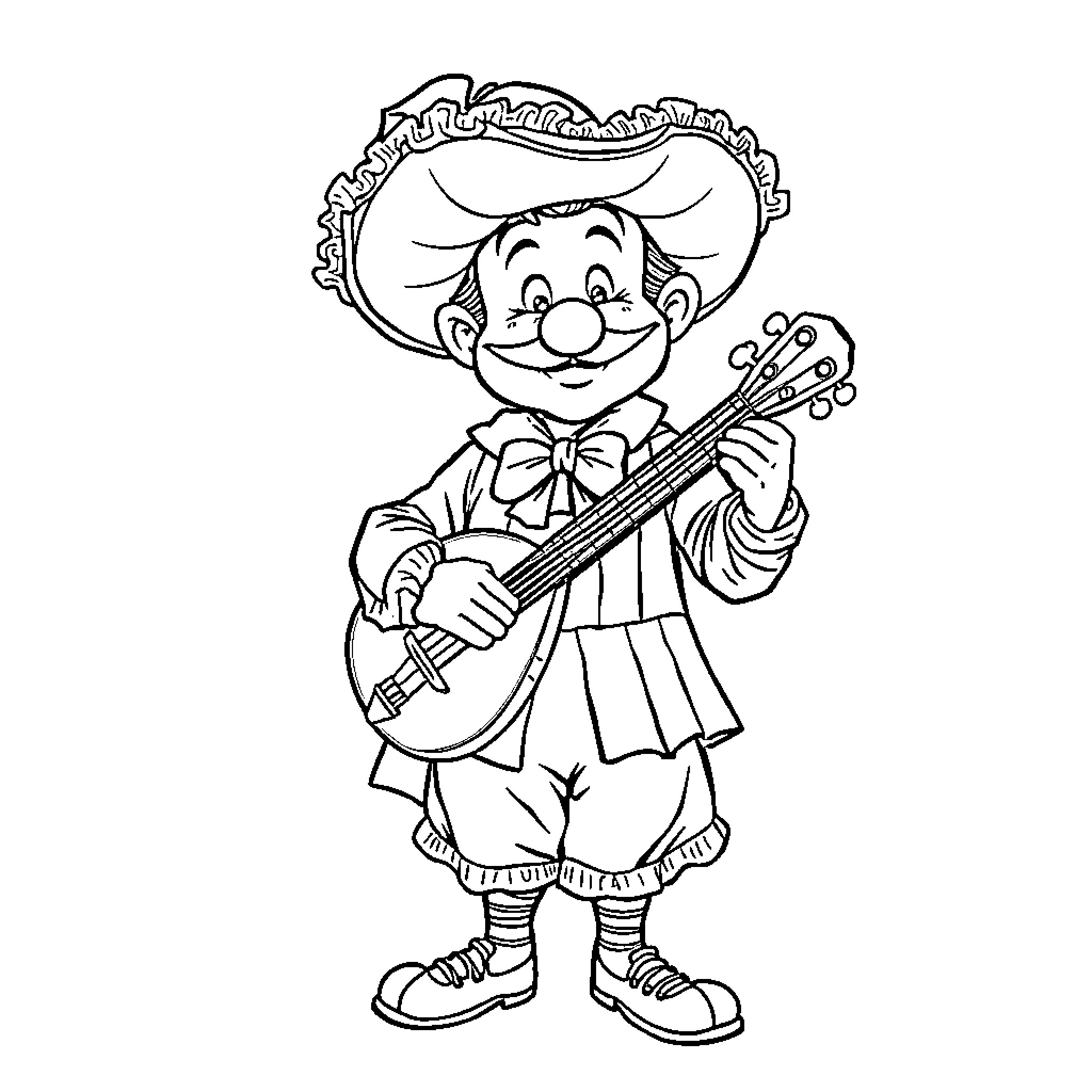 Pulcinella Strumming a Musical Instrument Coloring Page (free black-and-white line drawing printable PDF for all, from beginners to advanced learners, including children, teens, adults, and seniors)