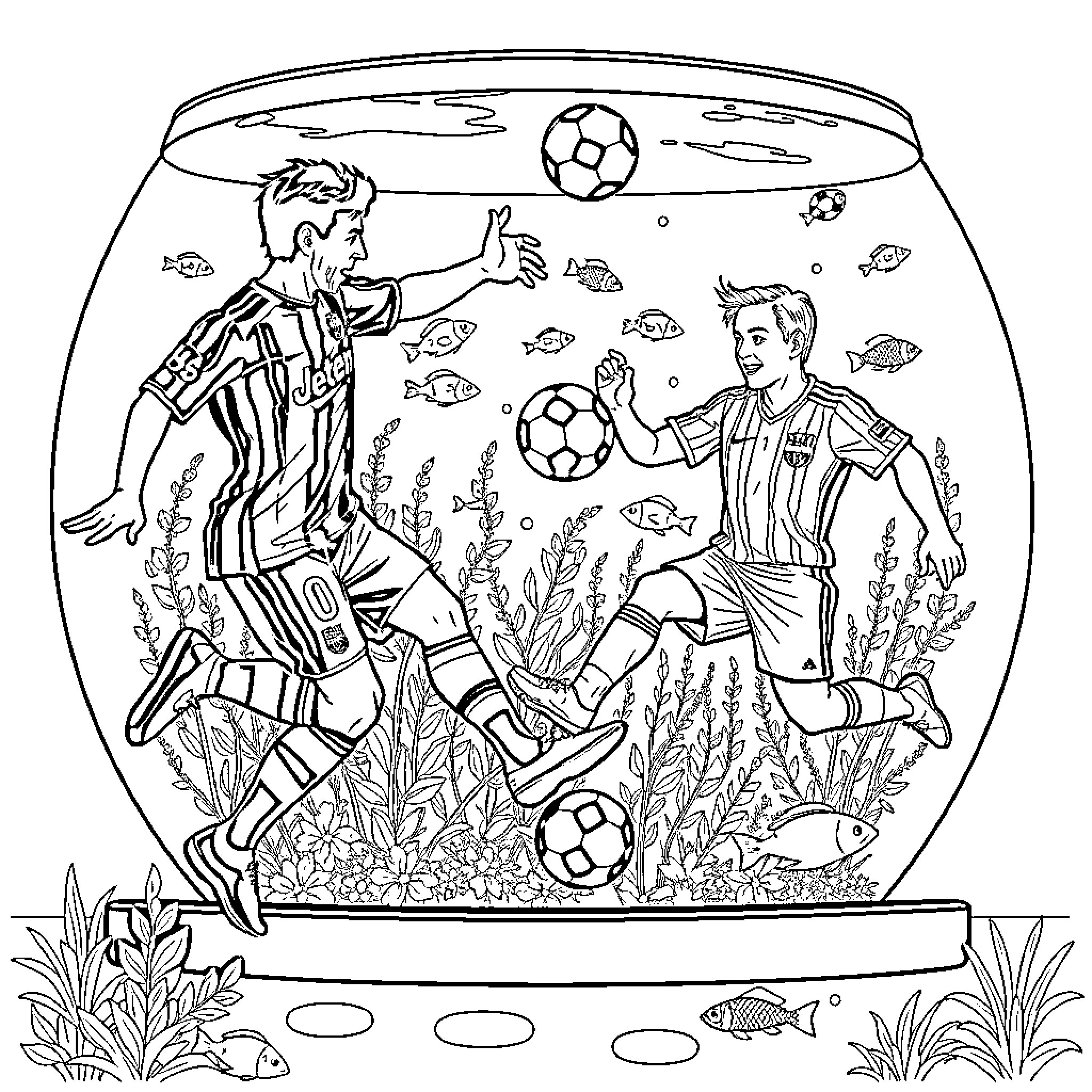 Soccer players competing in underwater game Coloring Page (free black-and-white line drawing printable PDF for all, from beginners to advanced learners, including children, teens, adults, and seniors)