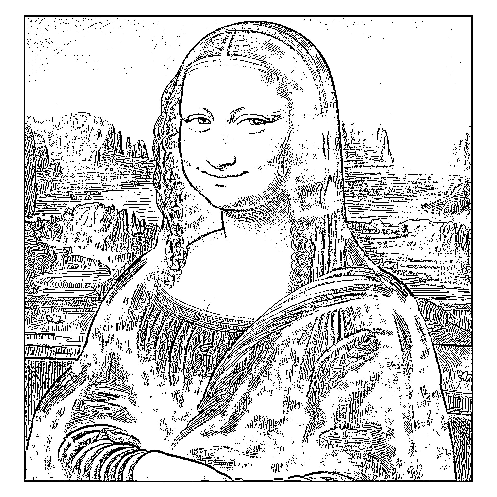 Mona Lisa posing in a famous painting Coloring Page (free black-and-white line drawing printable PDF for all, from beginners to advanced learners, including children, teens, adults, and seniors)