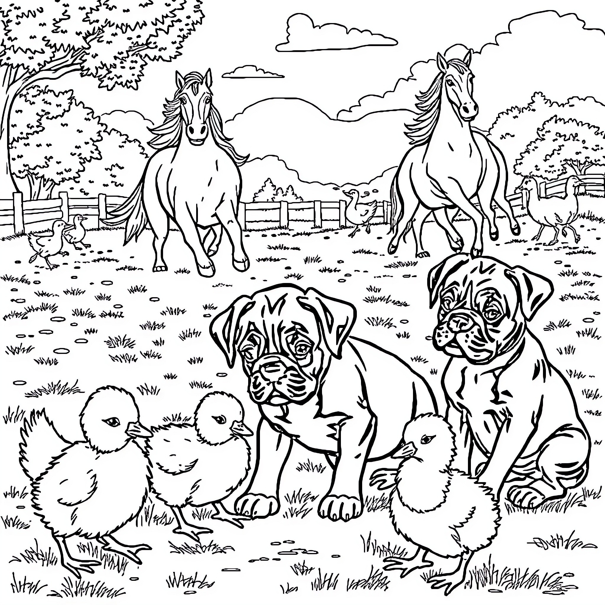 Puppy and farm animals enjoying the outdoors Coloring Page (free black-and-white line drawing printable PDF for all, from beginners to advanced learners, including children, teens, adults, and seniors)
