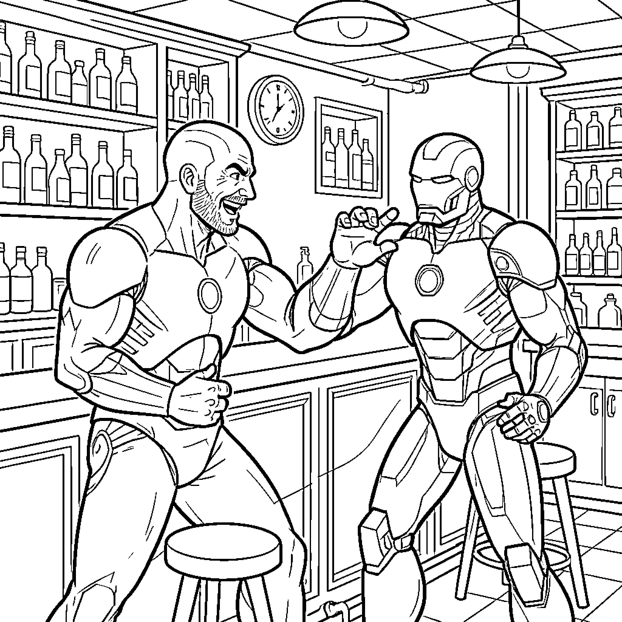 Barman in superhero armor interacting with another armored hero Coloring Page (free black-and-white line drawing printable PDF for all, from beginners to advanced learners, including children, teens, adults, and seniors)