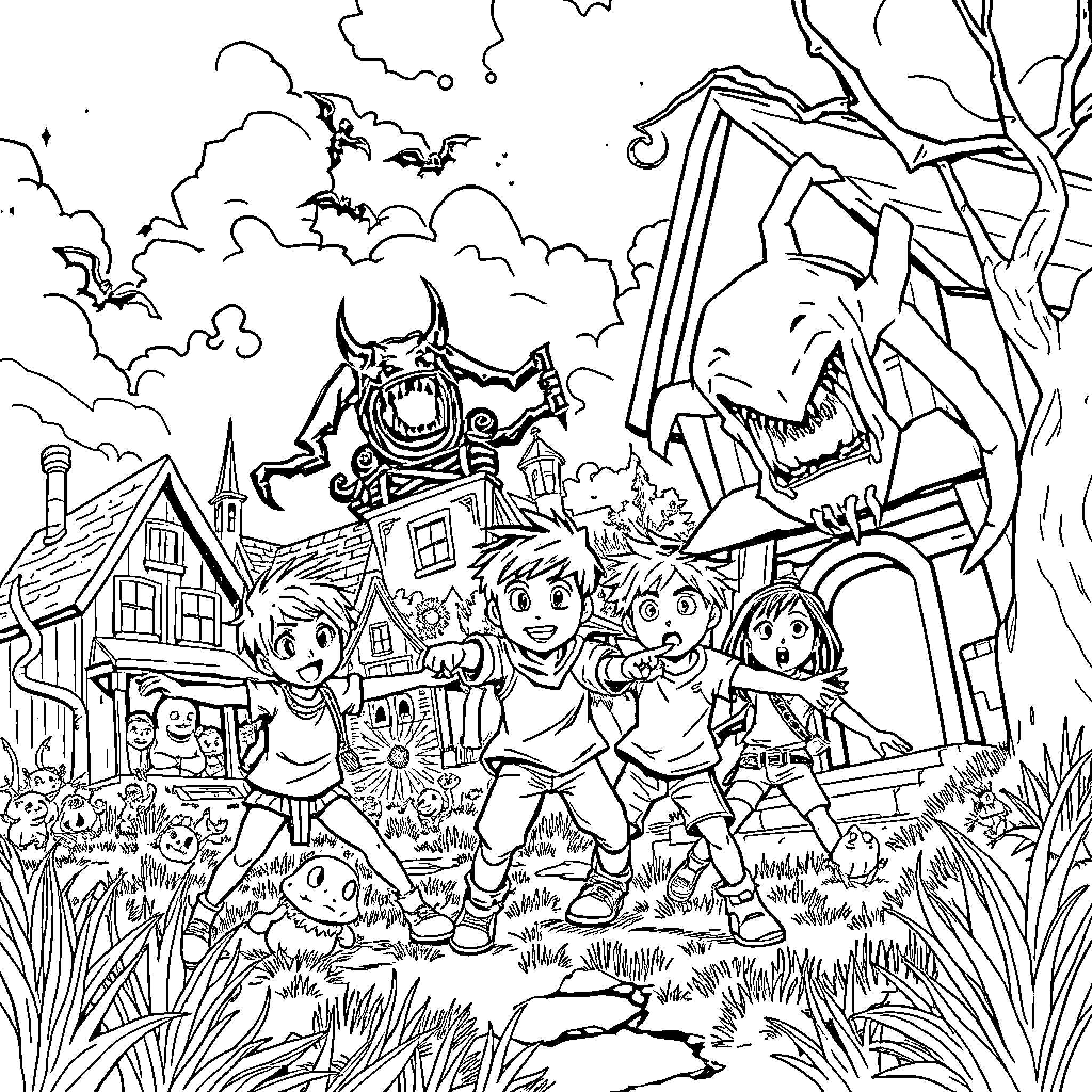 Stranger Things: Spooky Adventure in the Countryside Coloring Page (free black-and-white line drawing printable PDF for all, from beginners to advanced learners, including children, teens, adults, and seniors)