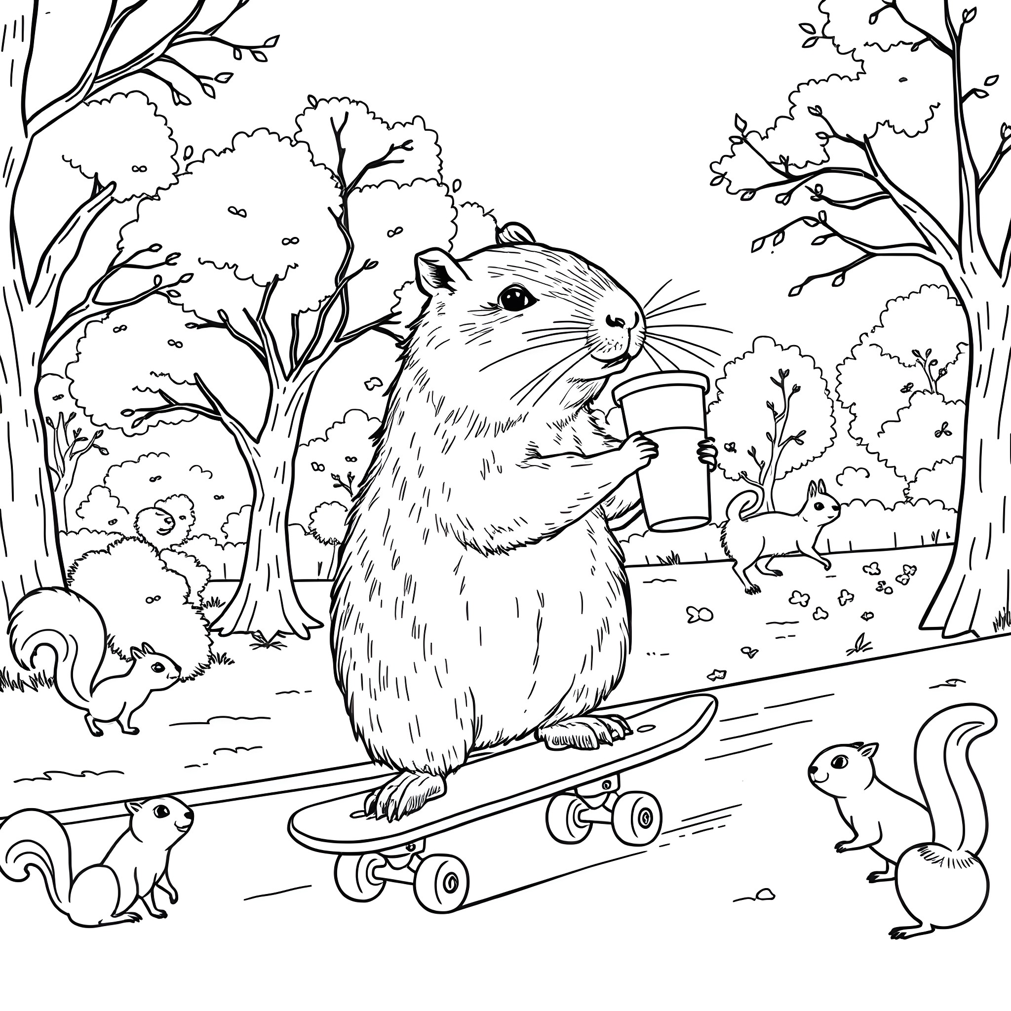 Capybara playing happily with squirrels in the forest Coloring Page (free black-and-white line drawing printable PDF for all, from beginners to advanced learners, including children, teens, adults, and seniors)
