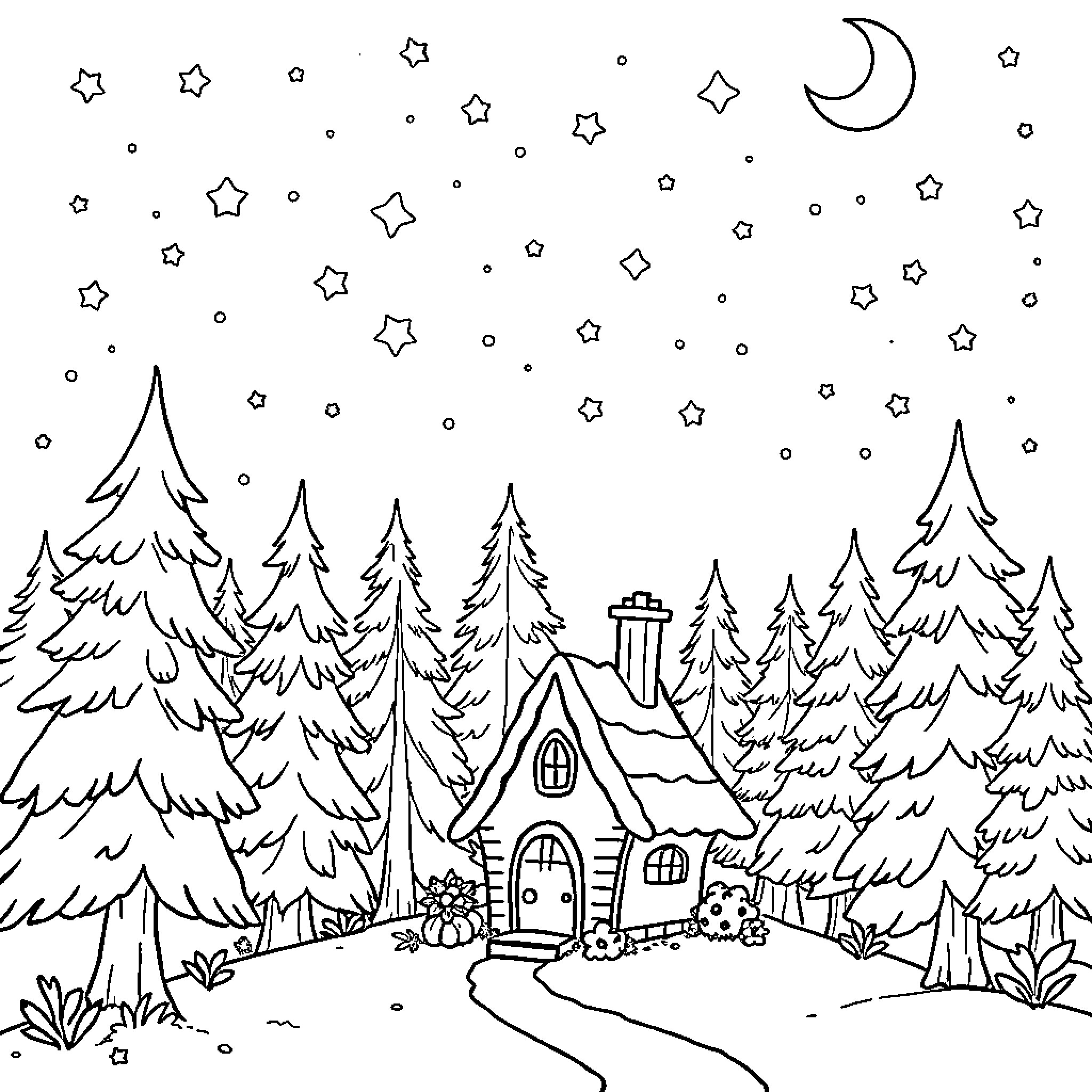 Fairy Tale Cottage in the Enchanted Forest Coloring Page (free black-and-white line drawing printable PDF for all, from beginners to advanced learners, including children, teens, adults, and seniors)