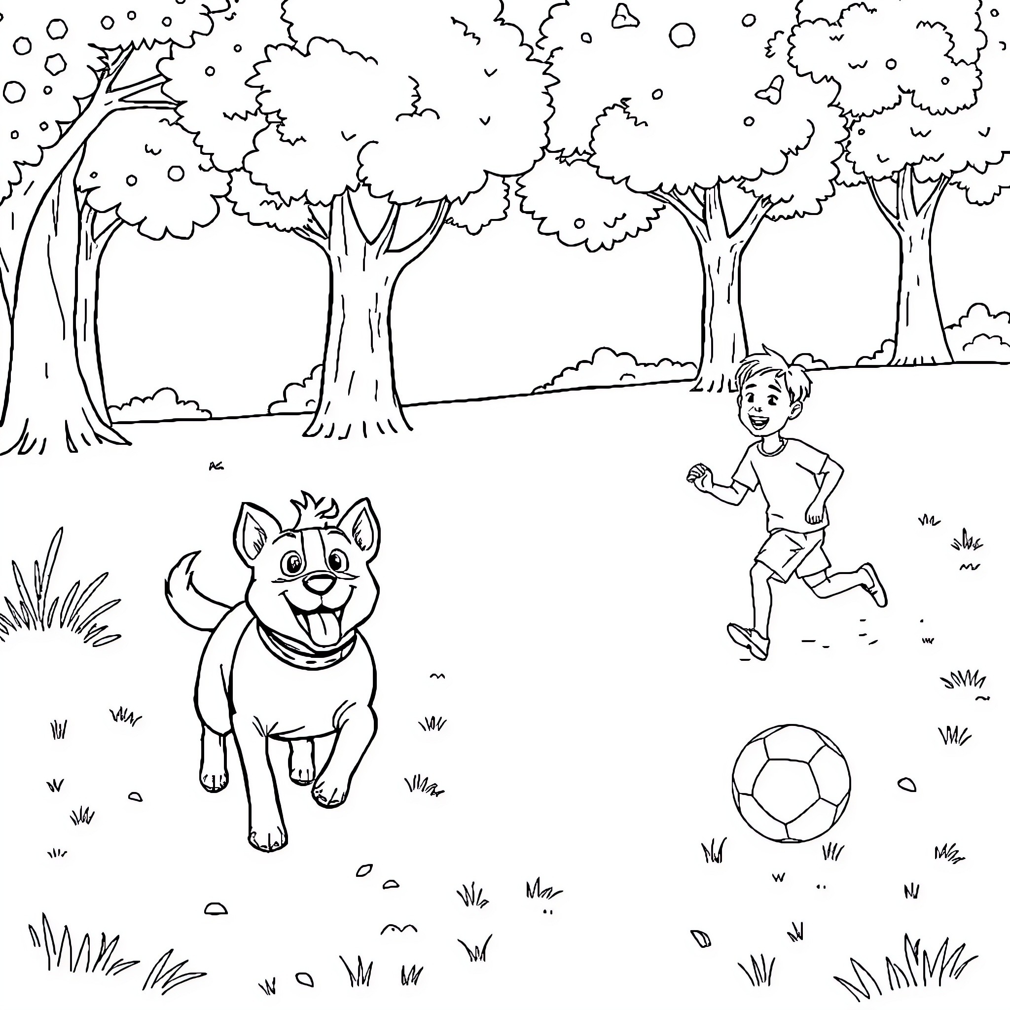 Dog Playing with Boy in Outdoor Scene Coloring Page (free black-and-white line drawing printable PDF for all, from beginners to advanced learners, including children, teens, adults, and seniors)