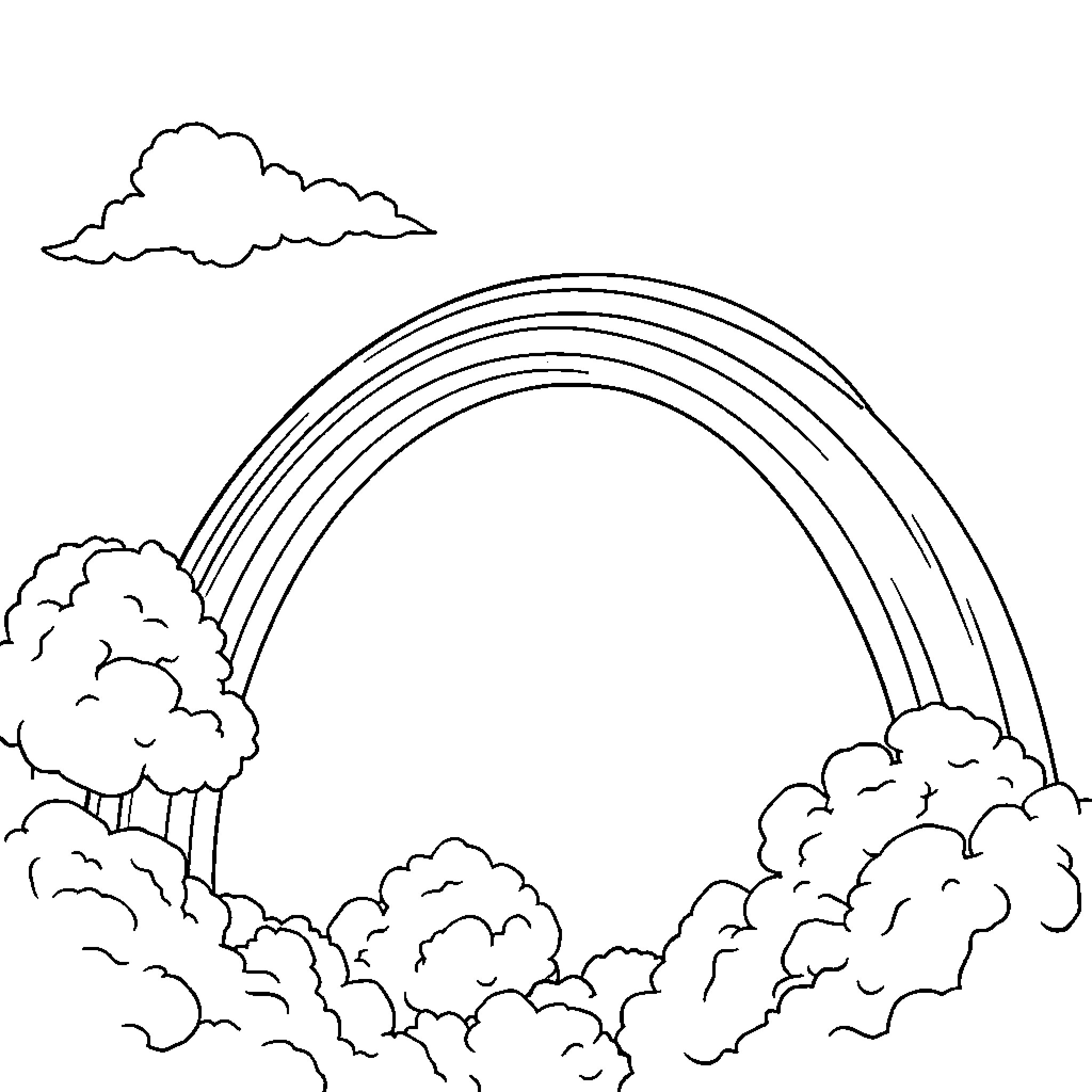 Rainbow arched over cloud-filled sky Coloring Page (free black-and-white line drawing printable PDF for all, from beginners to advanced learners, including children, teens, adults, and seniors)