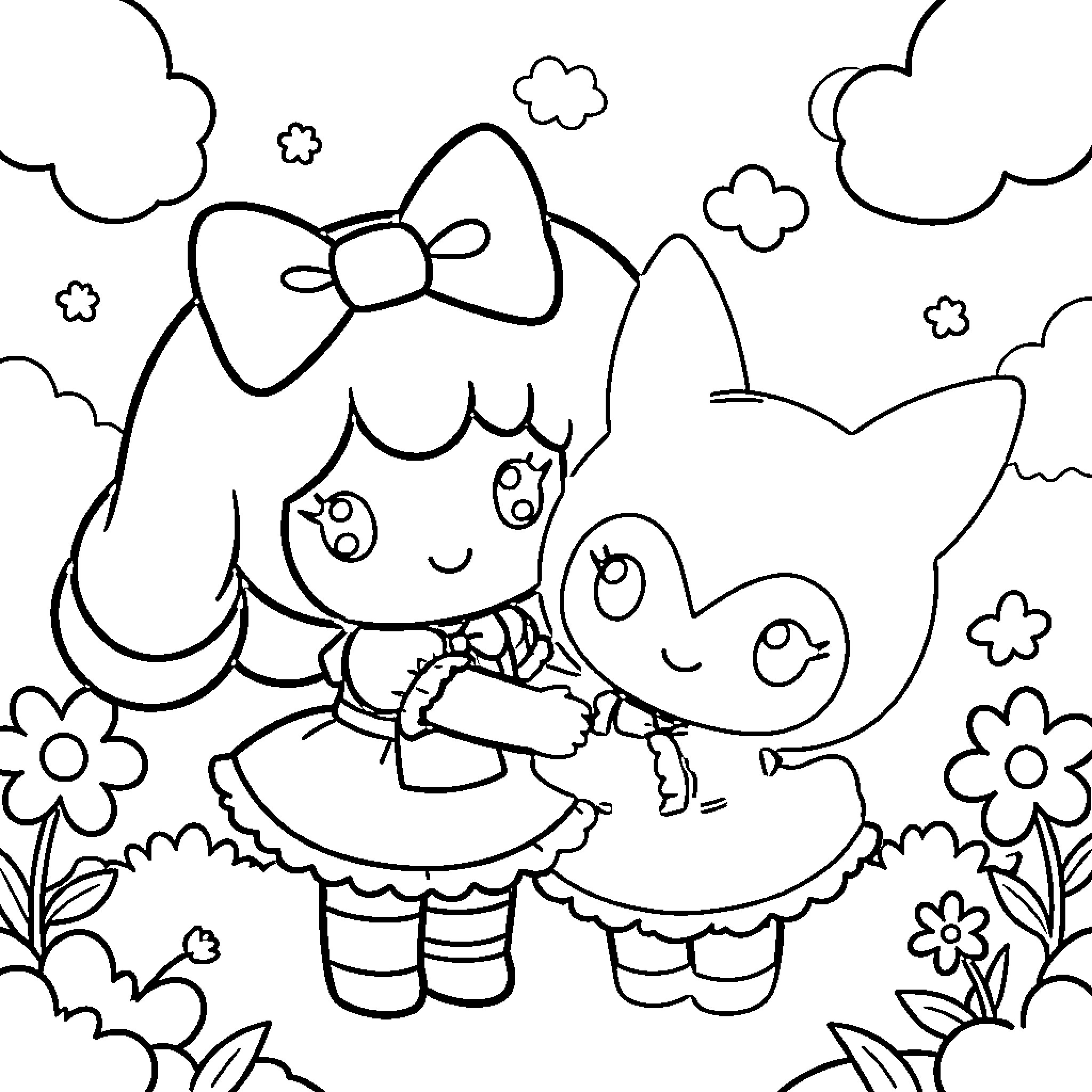 My Melody and Her Adorable Friend in a Playful Setting Coloring Page (free black-and-white line drawing printable PDF for all, from beginners to advanced learners, including children, teens, adults, and seniors)