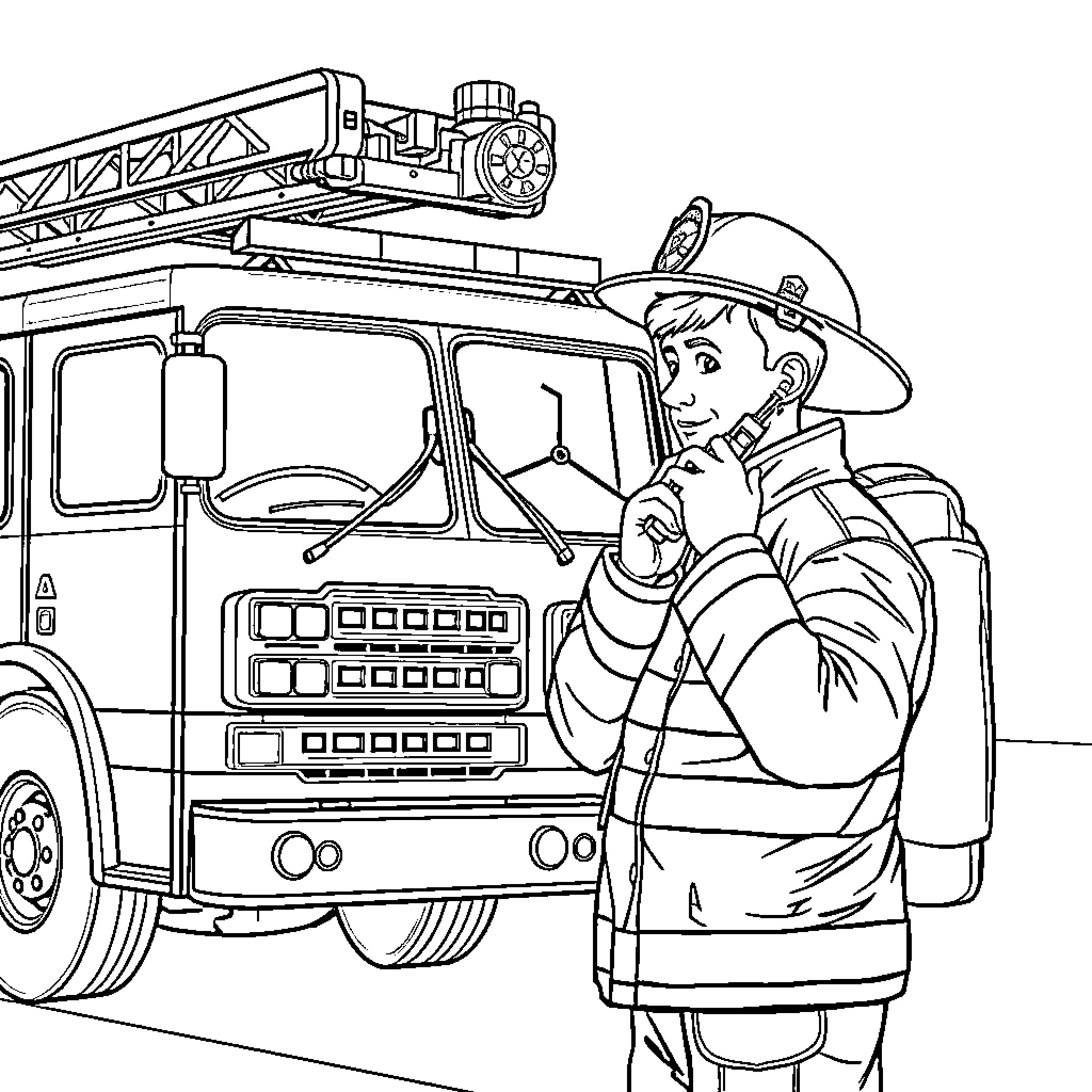 Firefighter rescuing a victim near the fire engine Coloring Page (free black-and-white line drawing printable PDF for all, from beginners to advanced learners, including children, teens, adults, and seniors)