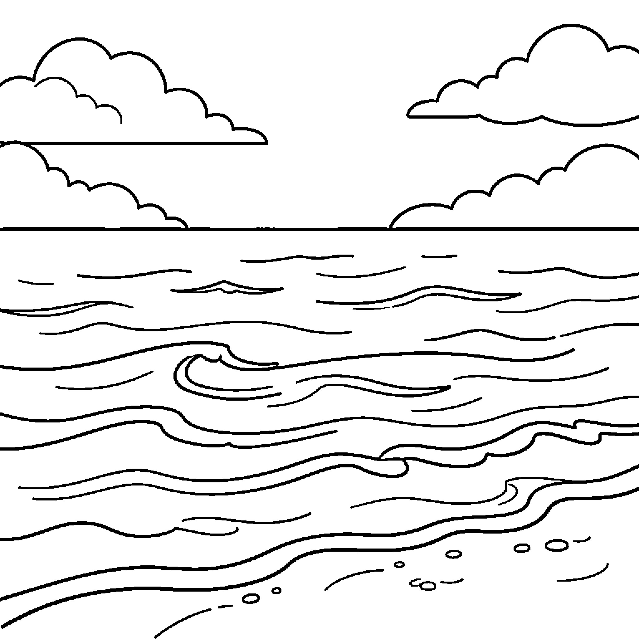 Ocean waves beneath cloudy skies Coloring Page (free black-and-white line drawing printable PDF for all, from beginners to advanced learners, including children, teens, adults, and seniors)