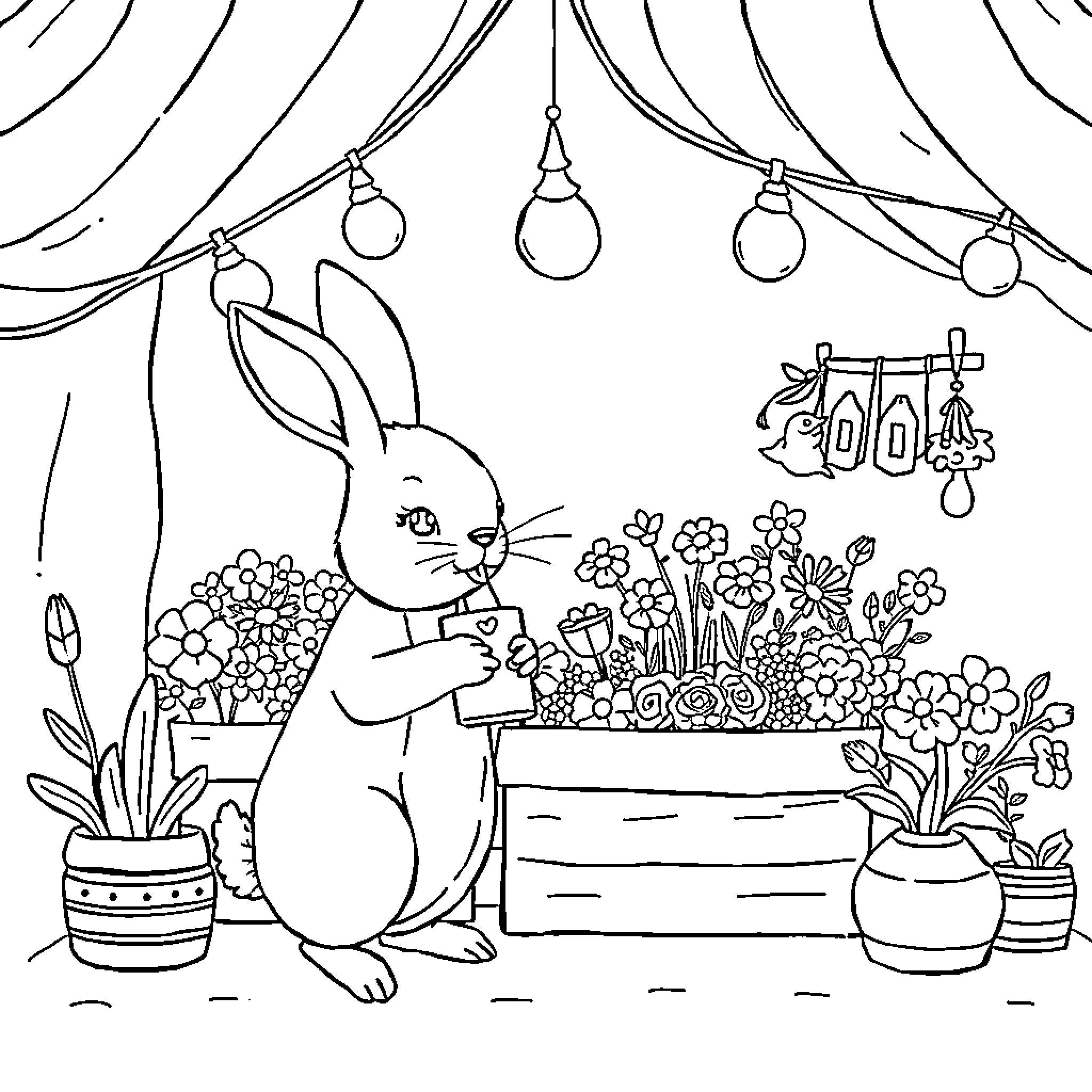 Rabbit decorating room for celebration Coloring Page (free black-and-white line drawing printable PDF for all, from beginners to advanced learners, including children, teens, adults, and seniors)