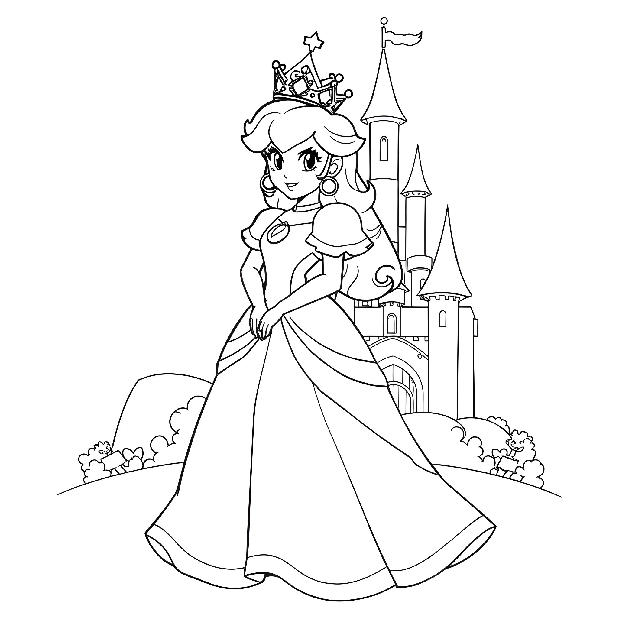 Princess Peach in elegant dress standing in front of castle Coloring Page (free black-and-white line drawing printable PDF for all, from beginners to advanced learners, including children, teens, adults, and seniors)