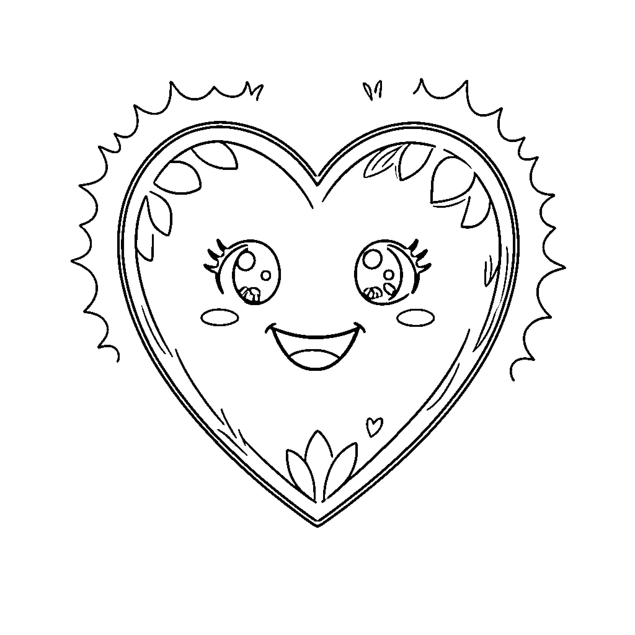 Corazon with happy expressions and floral accents Coloring Page (free black-and-white line drawing printable PDF for all, from beginners to advanced learners, including children, teens, adults, and seniors)