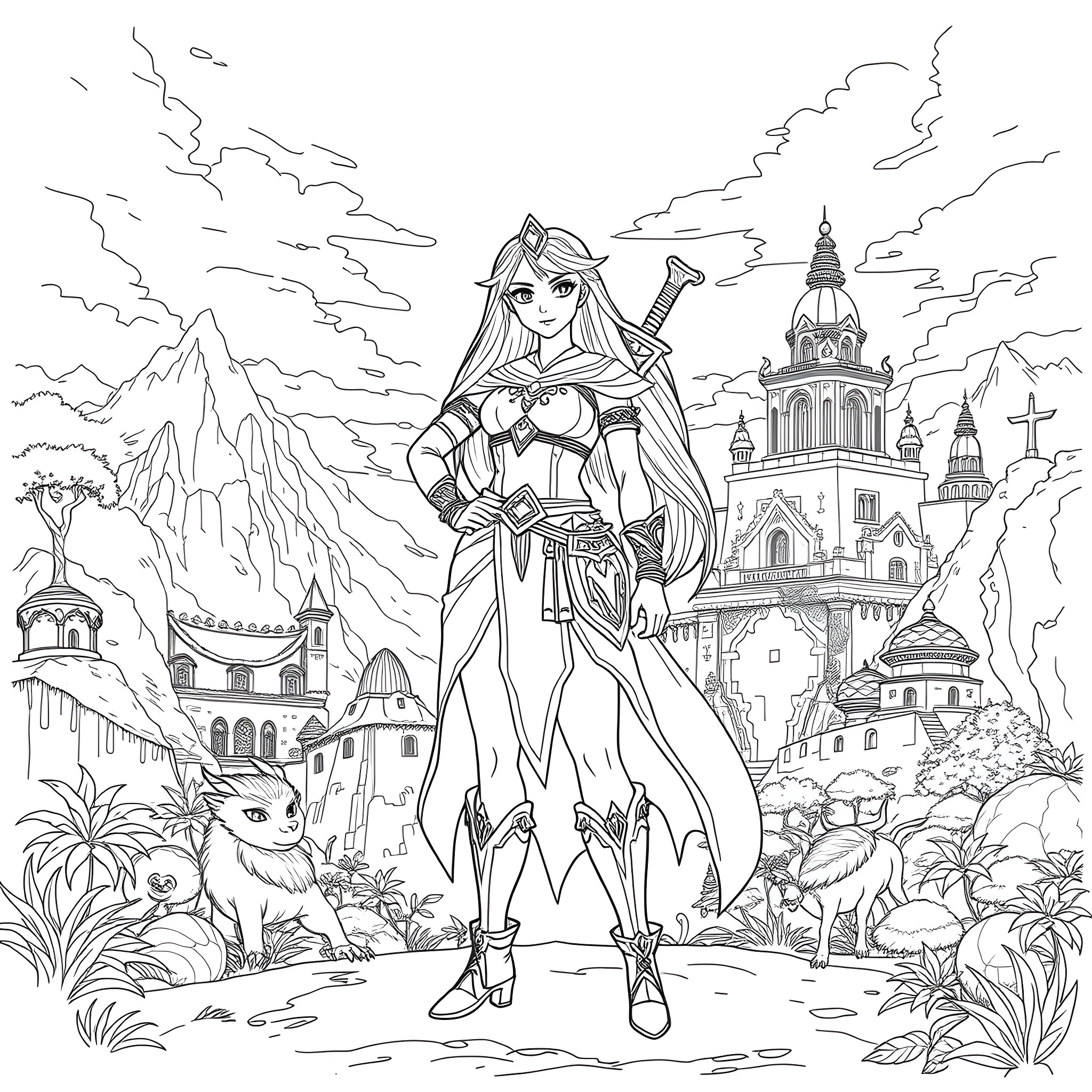 Raya's Heroic Adventure in a Fantastical Kingdom Coloring Page (free black-and-white line drawing printable PDF for all, from beginners to advanced learners, including children, teens, adults, and seniors)