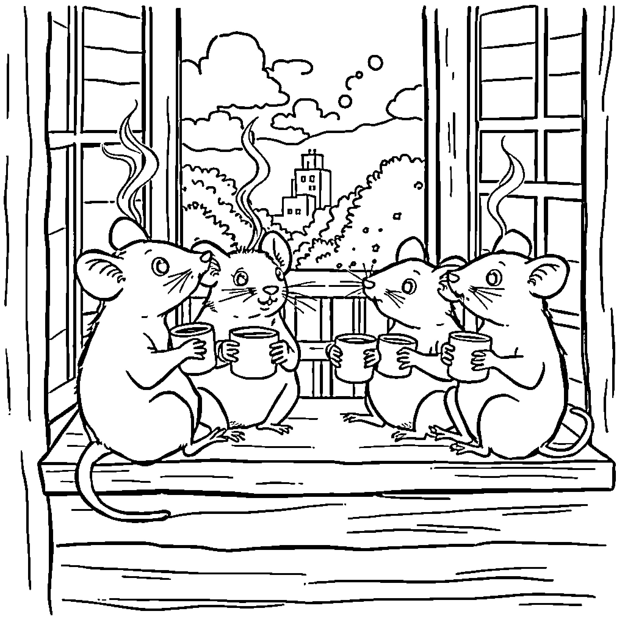 Rats enjoying tea in the city window Coloring Page (free black-and-white line drawing printable PDF for all, from beginners to advanced learners, including children, teens, adults, and seniors)