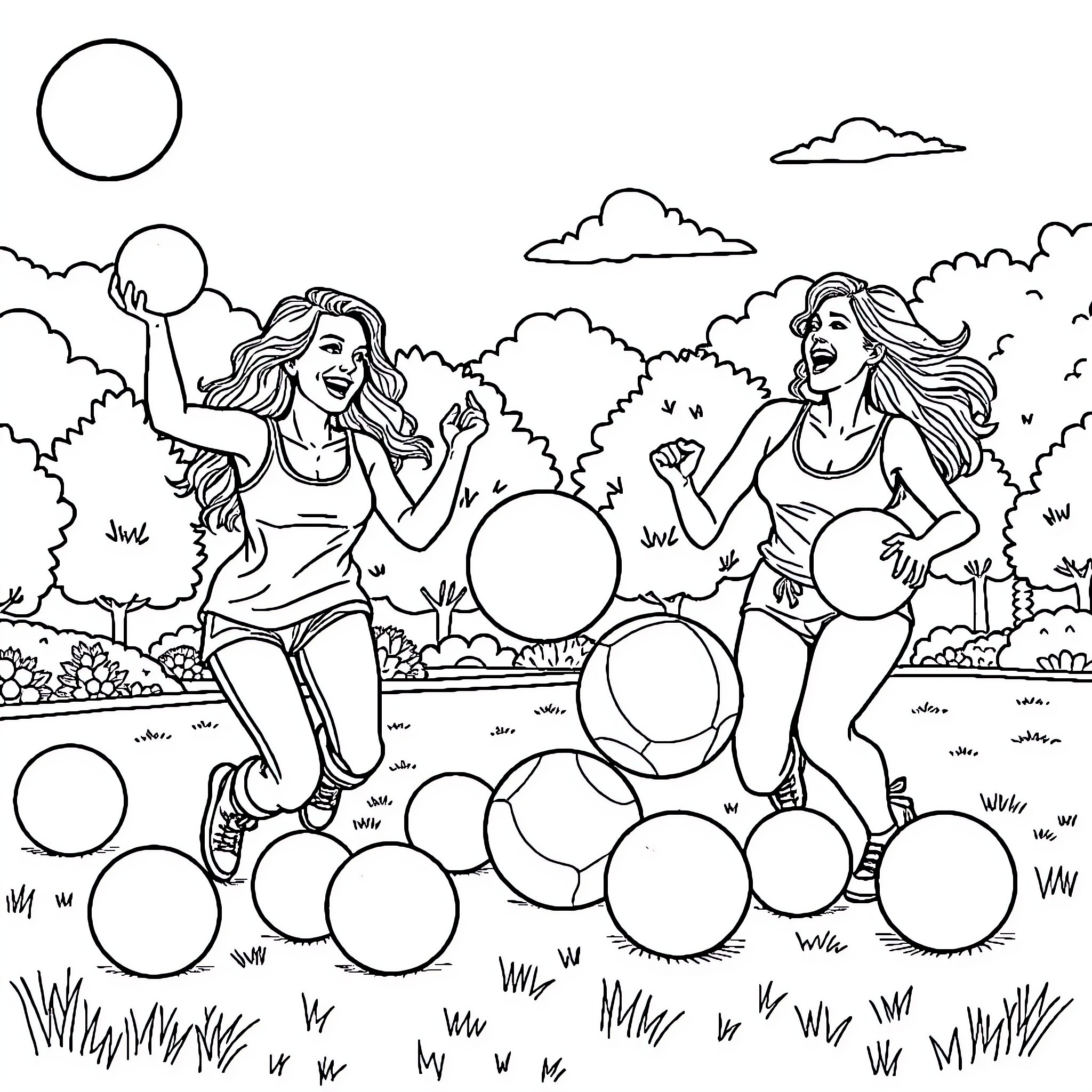 Wonder Woman Playfully Bouncing Balls in Outdoor Field Coloring Page (free black-and-white line drawing printable PDF for all, from beginners to advanced learners, including children, teens, adults, and seniors)