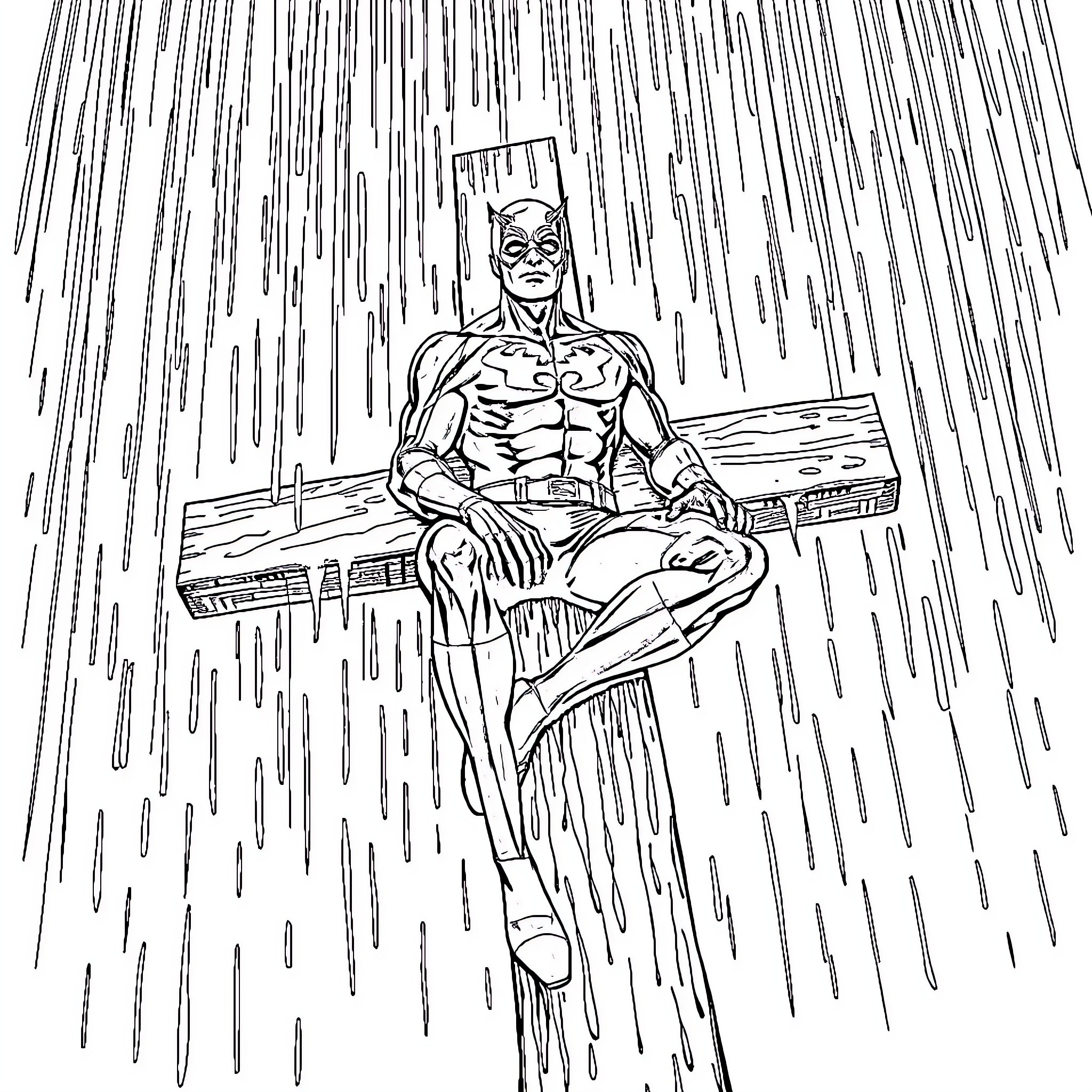 Daredevil fighting through the rain Coloring Page (free black-and-white line drawing printable PDF for all, from beginners to advanced learners, including children, teens, adults, and seniors)
