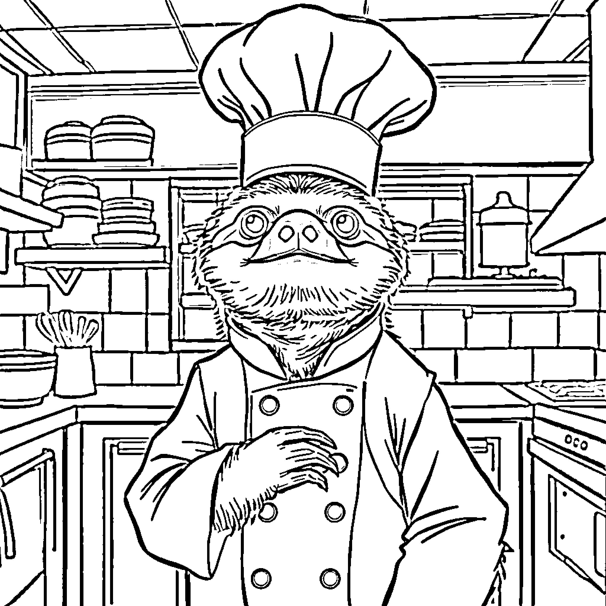 Sloth in Chef's Uniform in Kitchen Coloring Page (free black-and-white line drawing printable PDF for all, from beginners to advanced learners, including children, teens, adults, and seniors)