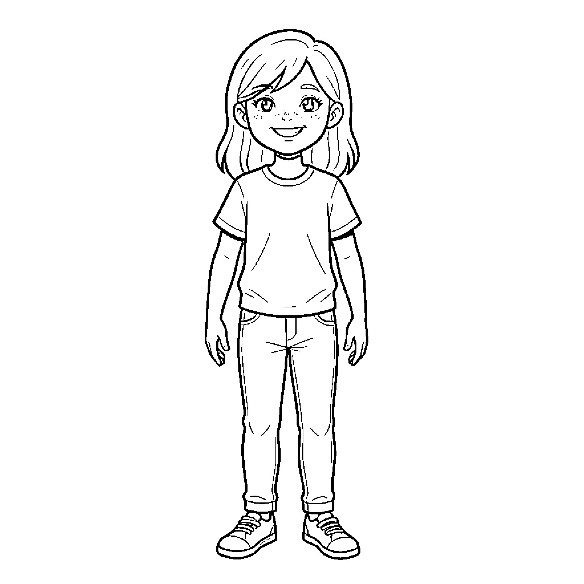 Romy standing smiling in a t-shirt and jeans Coloring Page (free black-and-white line drawing printable PDF for all, from beginners to advanced learners, including children, teens, adults, and seniors)