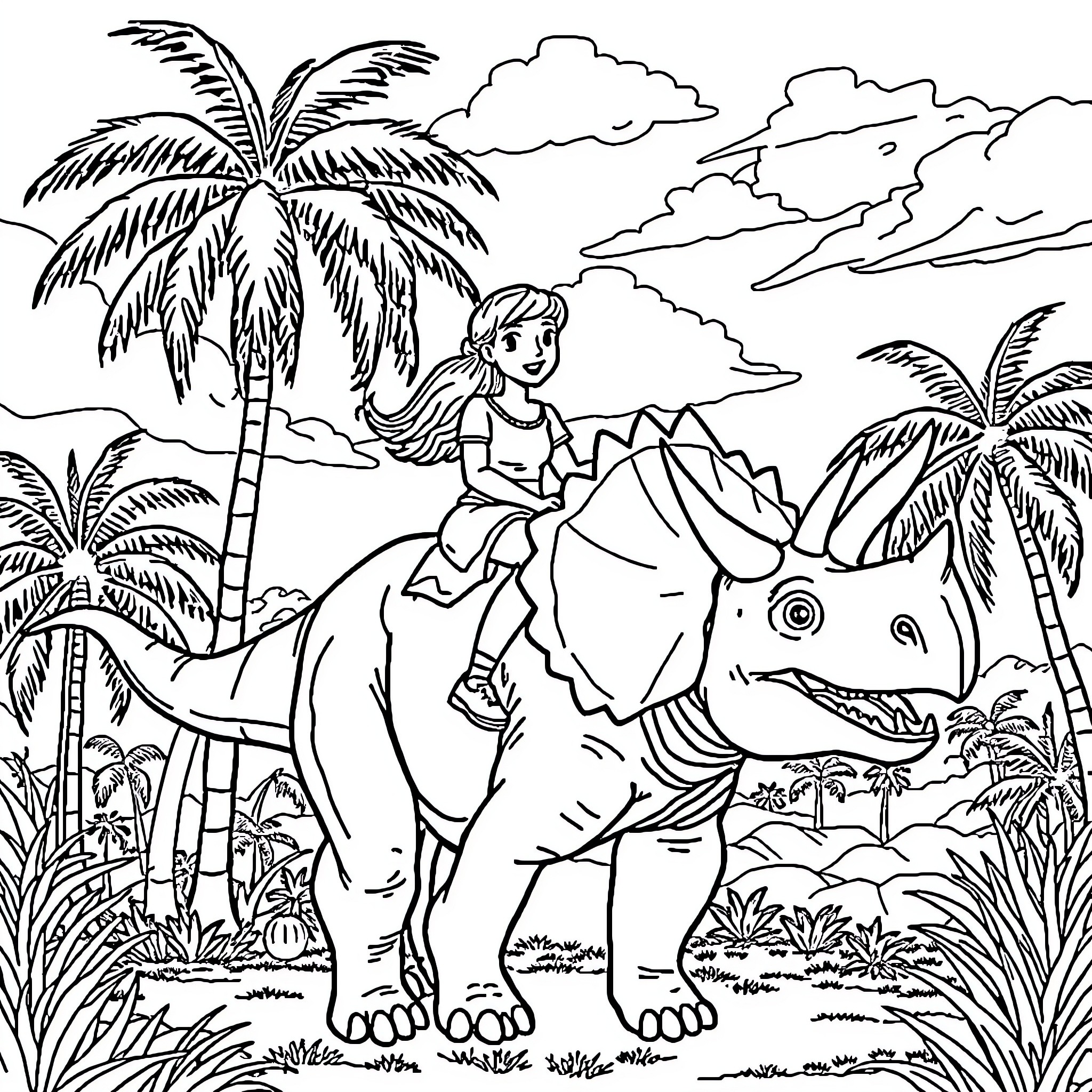 Dinosaur adventure with a young explorer Coloring Page (free black-and-white line drawing printable PDF for all, from beginners to advanced learners, including children, teens, adults, and seniors)