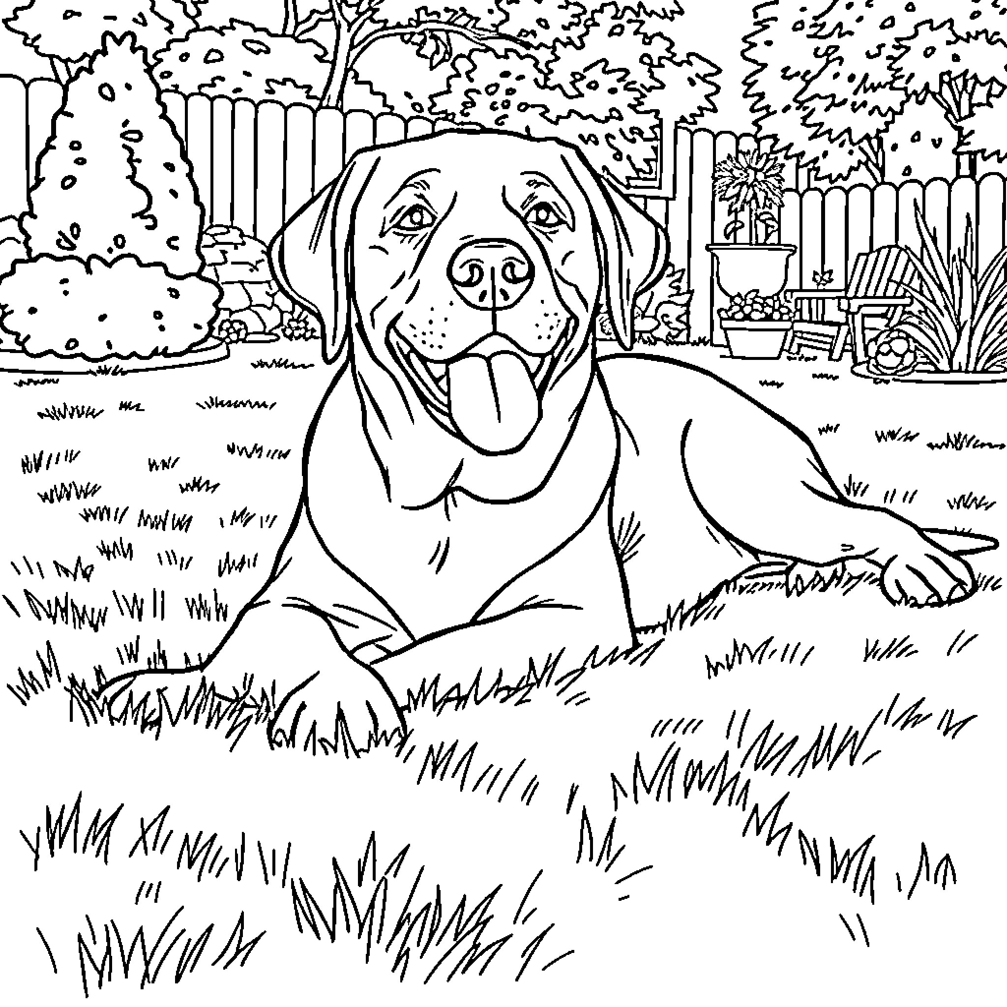 Labrador enjoying the outdoors in a cozy backyard Coloring Page (free black-and-white line drawing printable PDF for all, from beginners to advanced learners, including children, teens, adults, and seniors)