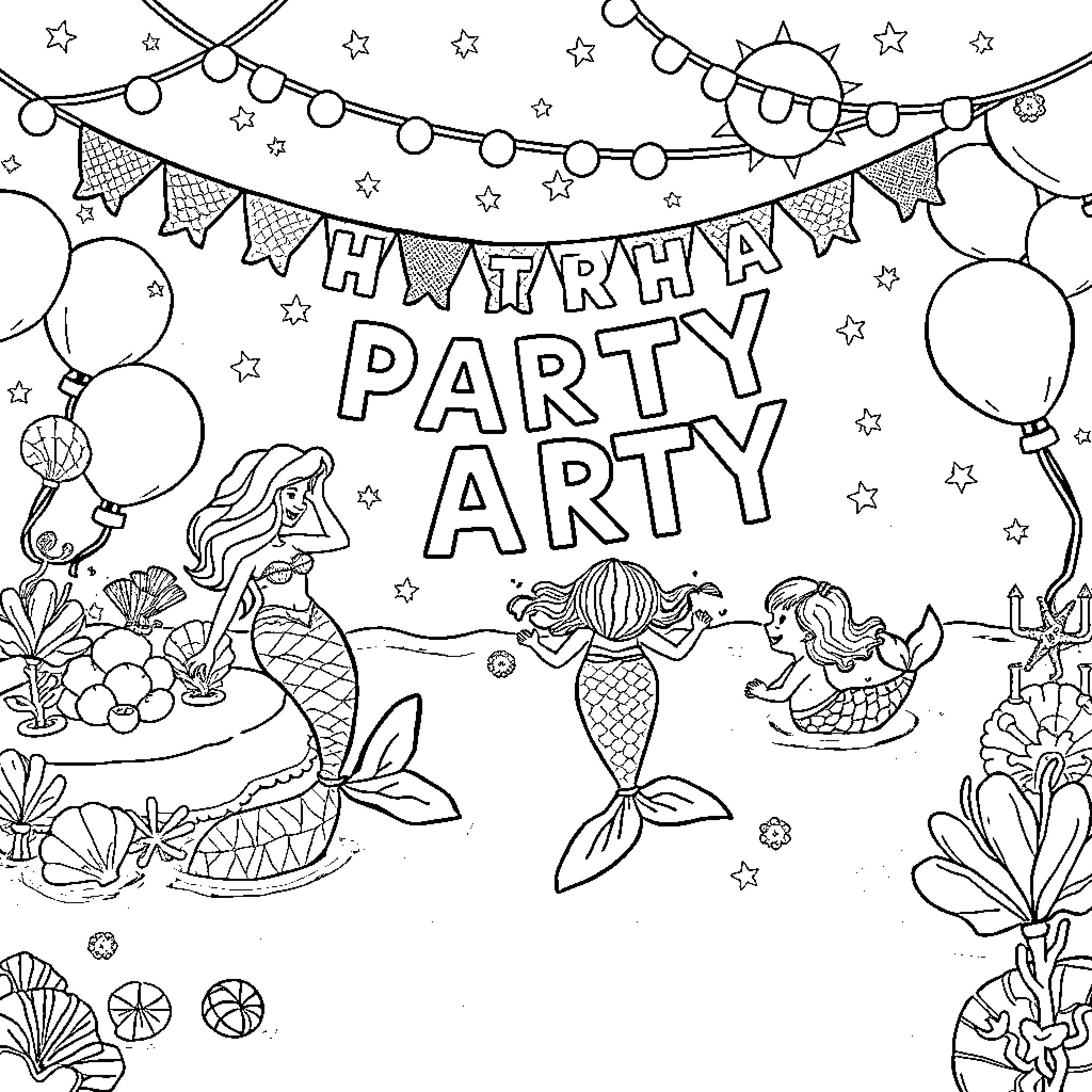 Mermaid birthday party celebration with decorations Coloring Page (free black-and-white line drawing printable PDF for all, from beginners to advanced learners, including children, teens, adults, and seniors)