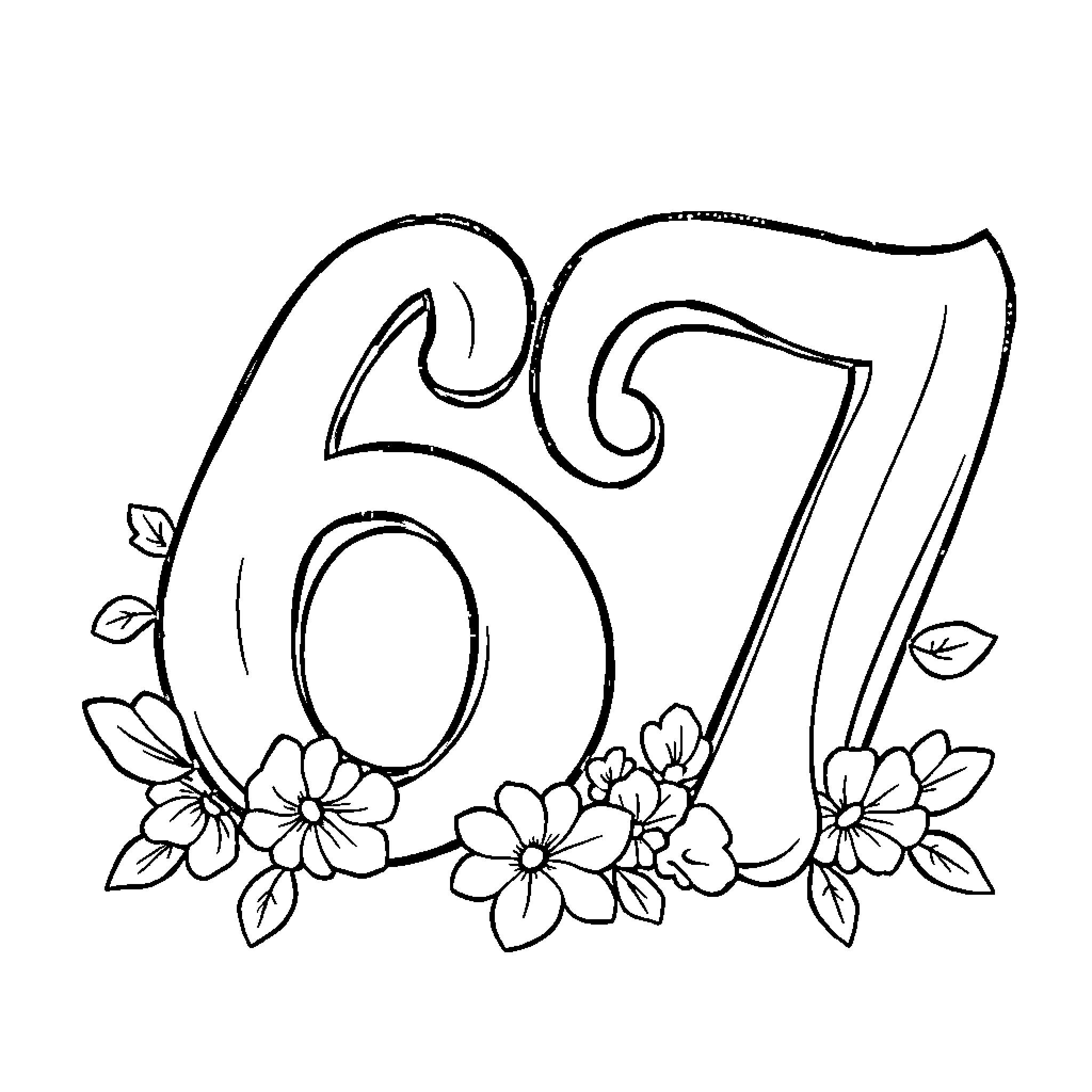 67 Floral Decorated Numbers and Flowers Coloring Page (free black-and-white line drawing printable PDF for all, from beginners to advanced learners, including children, teens, adults, and seniors)