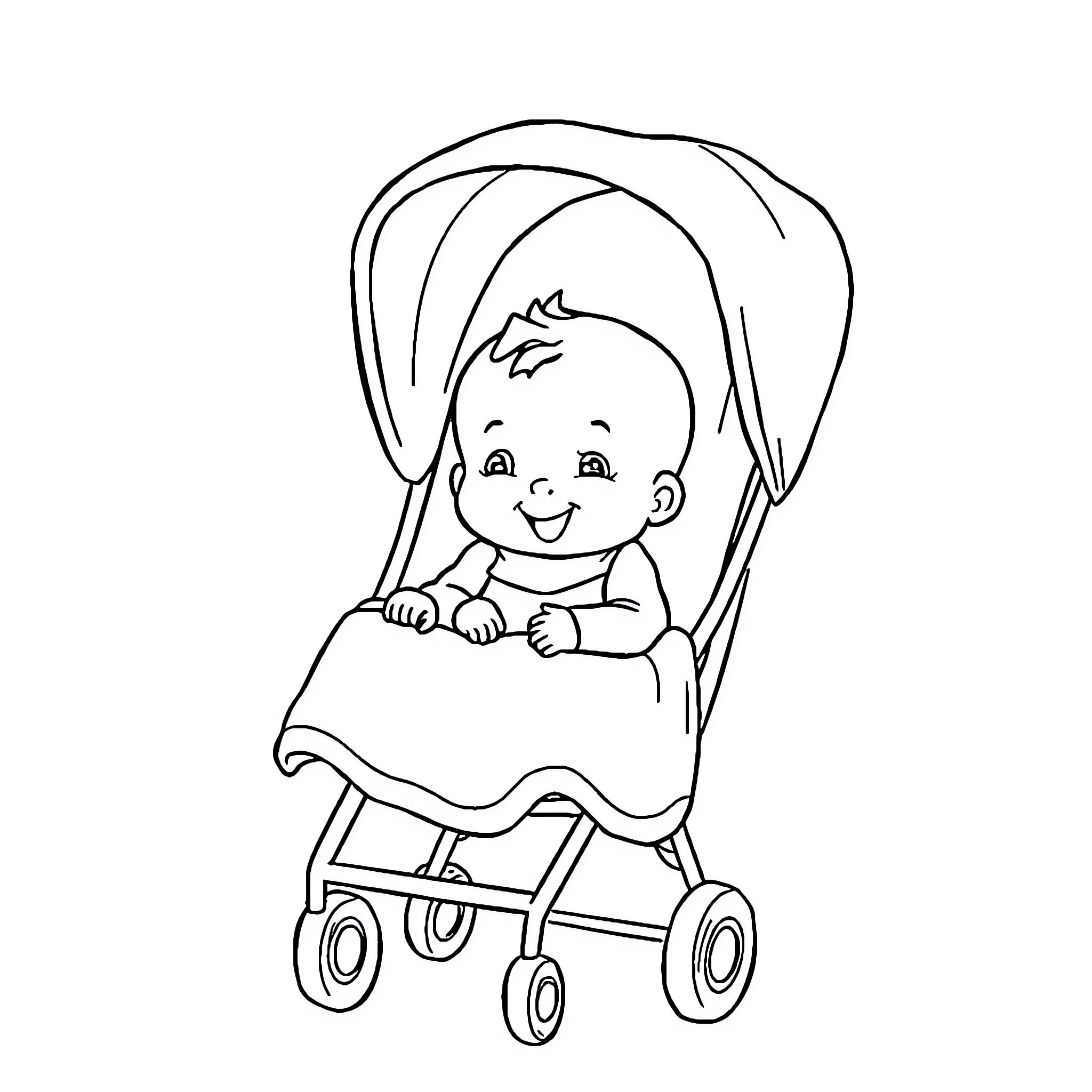Baby in a stroller smiling happily Coloring Page (free black-and-white line drawing printable PDF for all, from beginners to advanced learners, including children, teens, adults, and seniors)