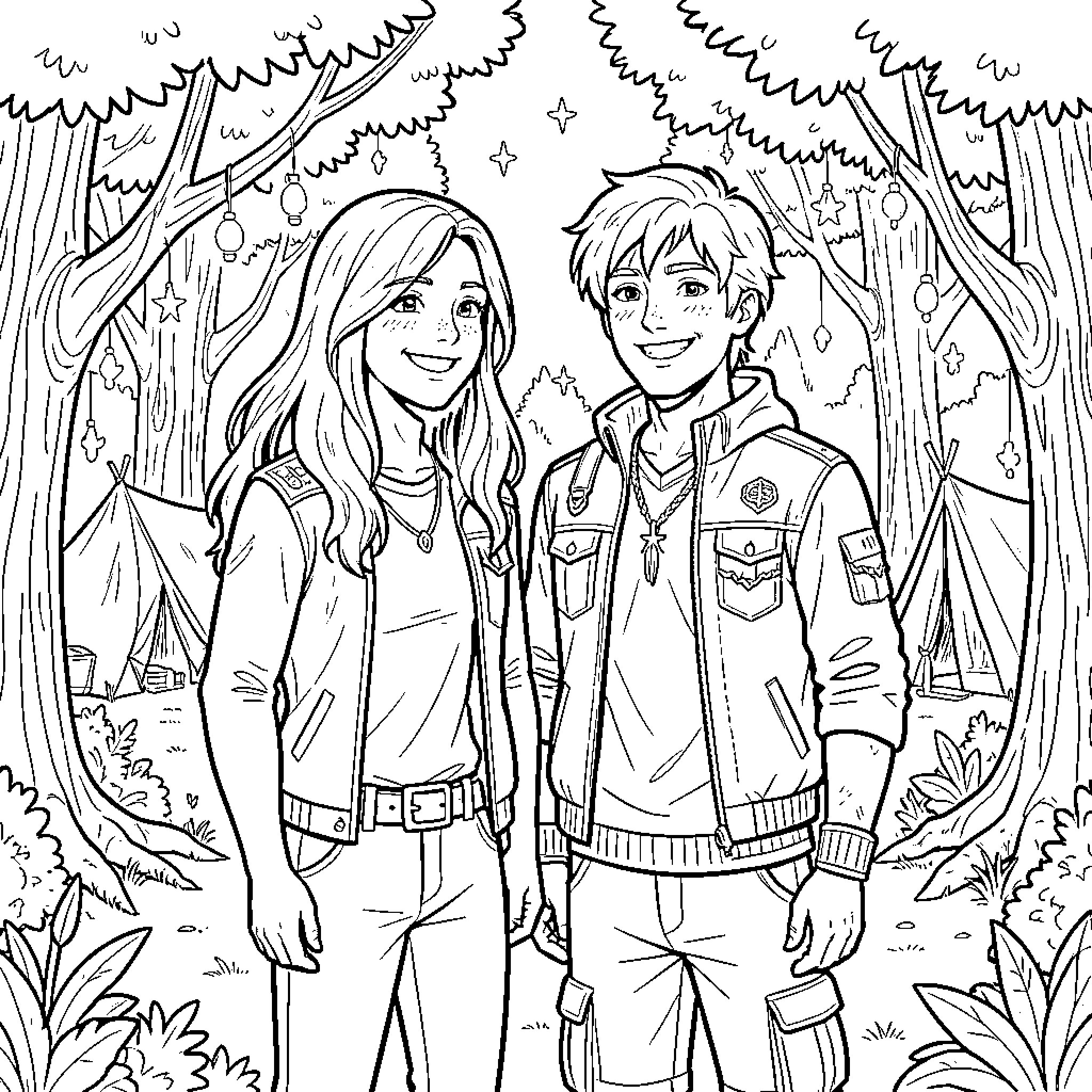 Solangelo - Two friends in the forest Coloring Page (free black-and-white line drawing printable PDF for all, from beginners to advanced learners, including children, teens, adults, and seniors)