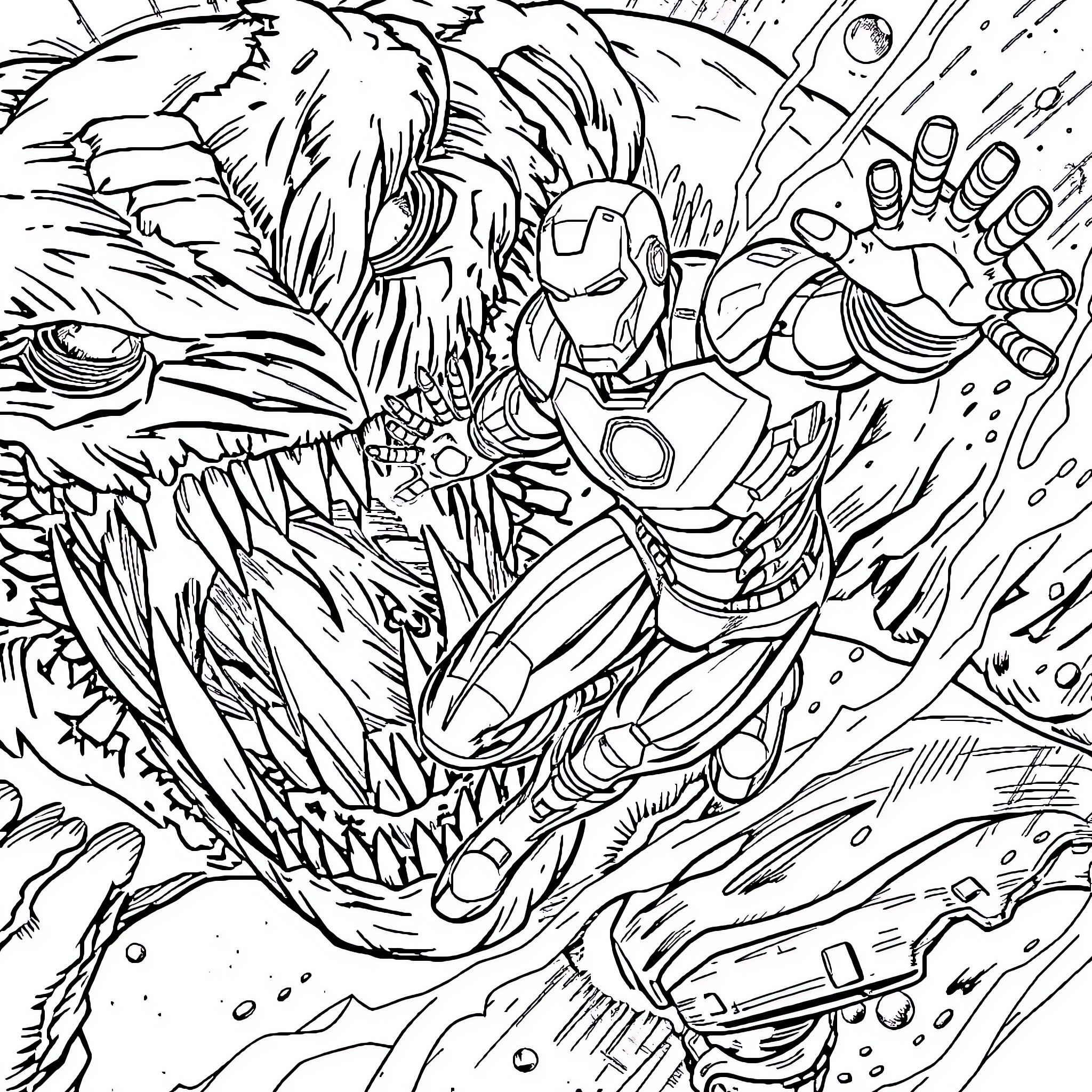 Iron Man Battling Fierce Alien Creatures Coloring Page (free black-and-white line drawing printable PDF for all, from beginners to advanced learners, including children, teens, adults, and seniors)