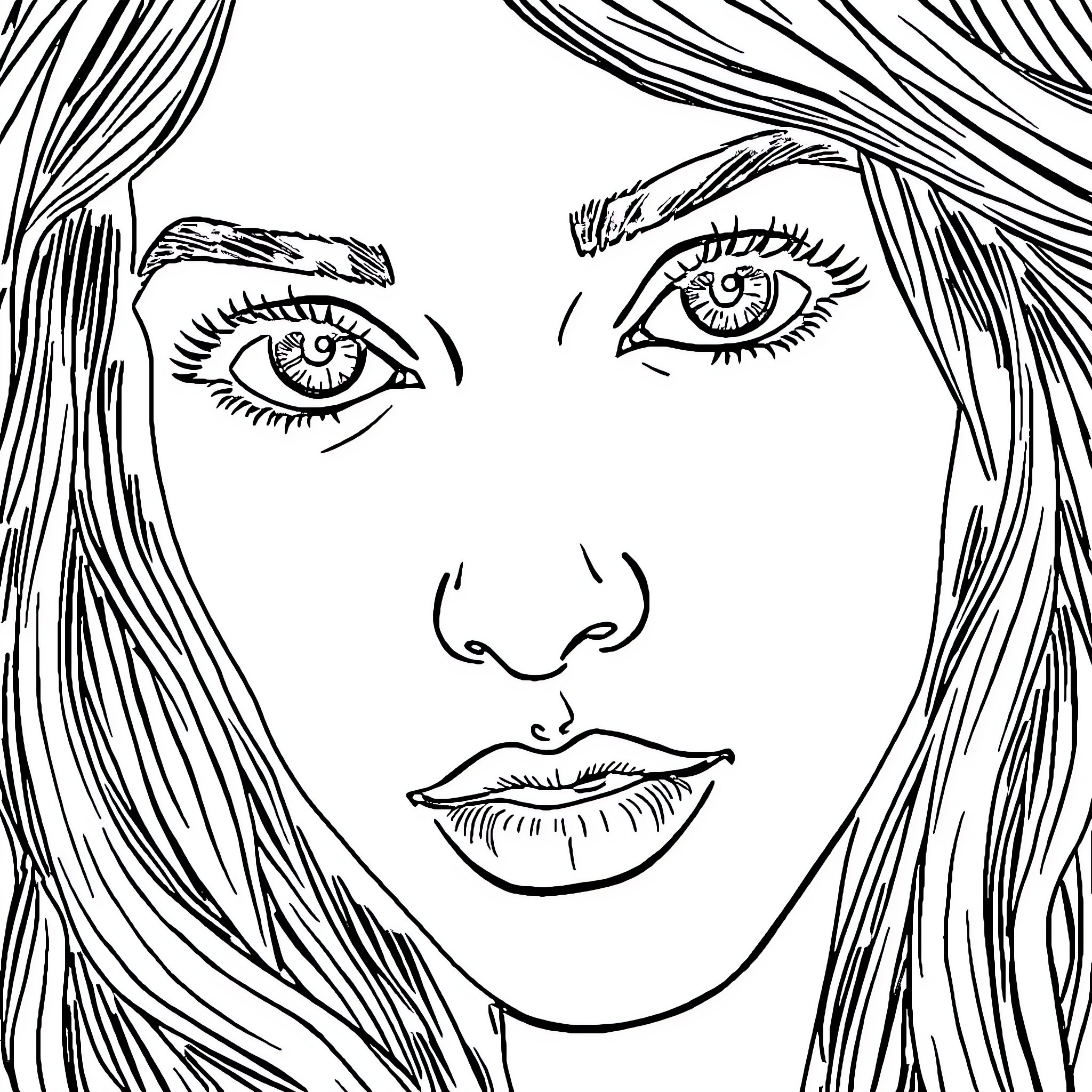 Woman with expressive eyes and lips Coloring Page (free black-and-white line drawing printable PDF for all, from beginners to advanced learners, including children, teens, adults, and seniors)
