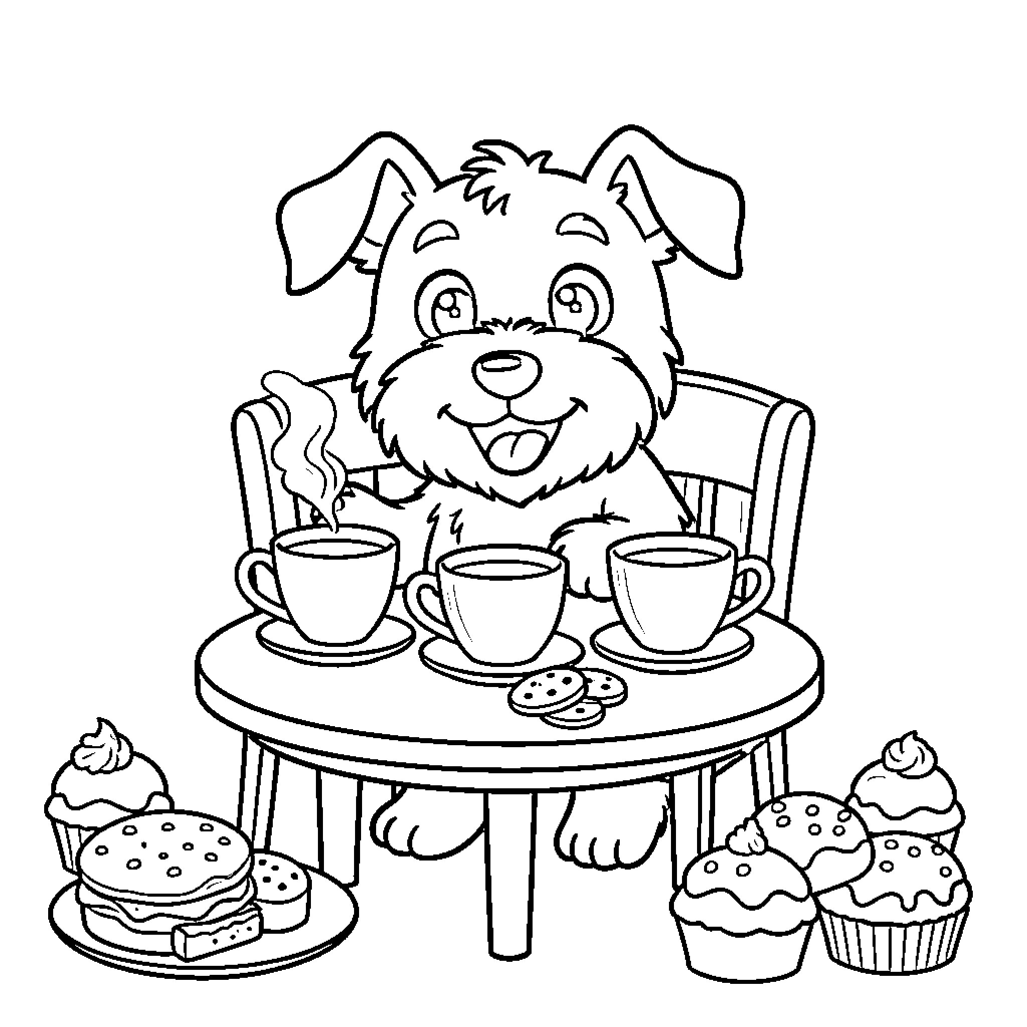 Schnauzer enjoying tea and treats Coloring Page (free black-and-white line drawing printable PDF for all, from beginners to advanced learners, including children, teens, adults, and seniors)