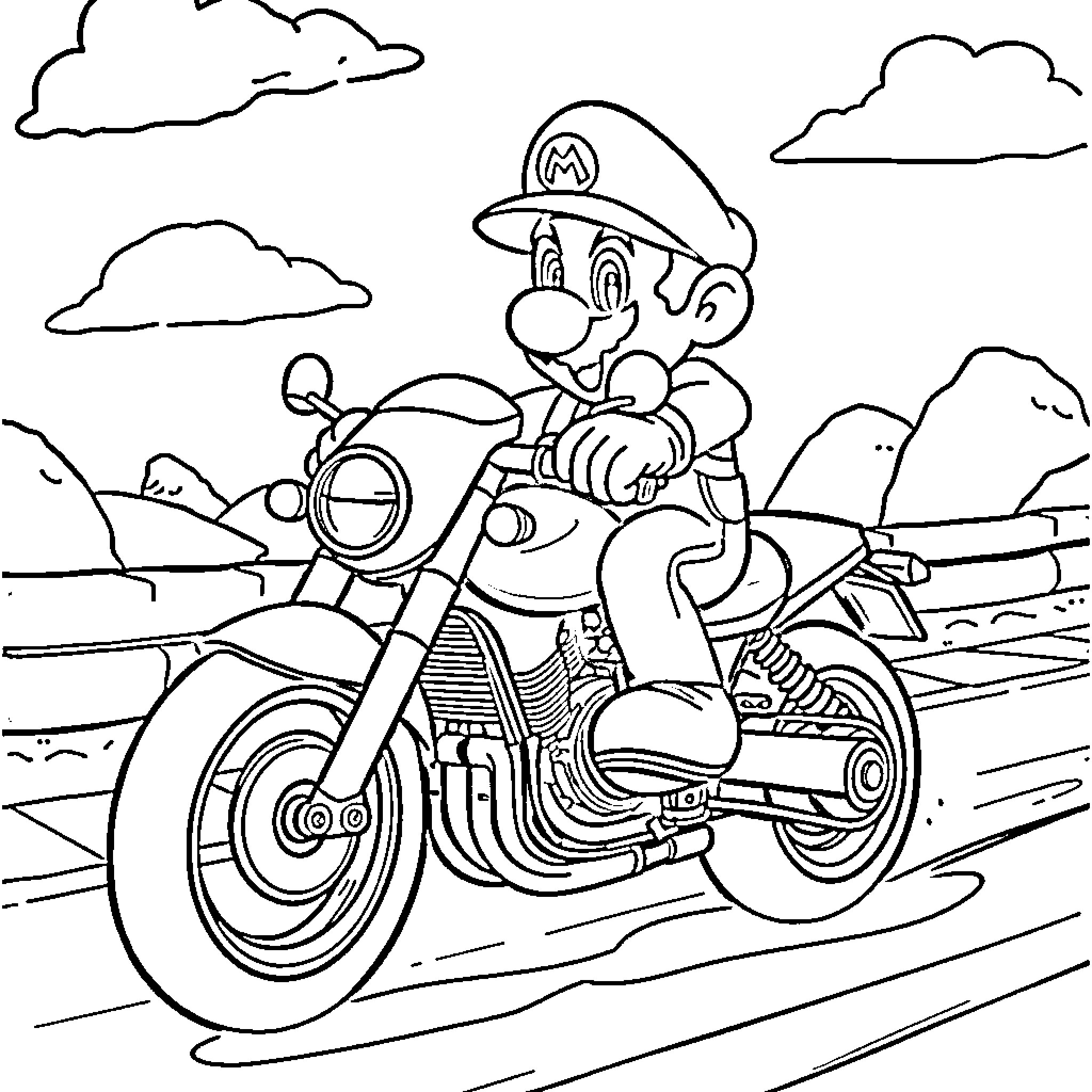 Mario riding motorcycle through the countryside Coloring Page (free black-and-white line drawing printable PDF for all, from beginners to advanced learners, including children, teens, adults, and seniors)