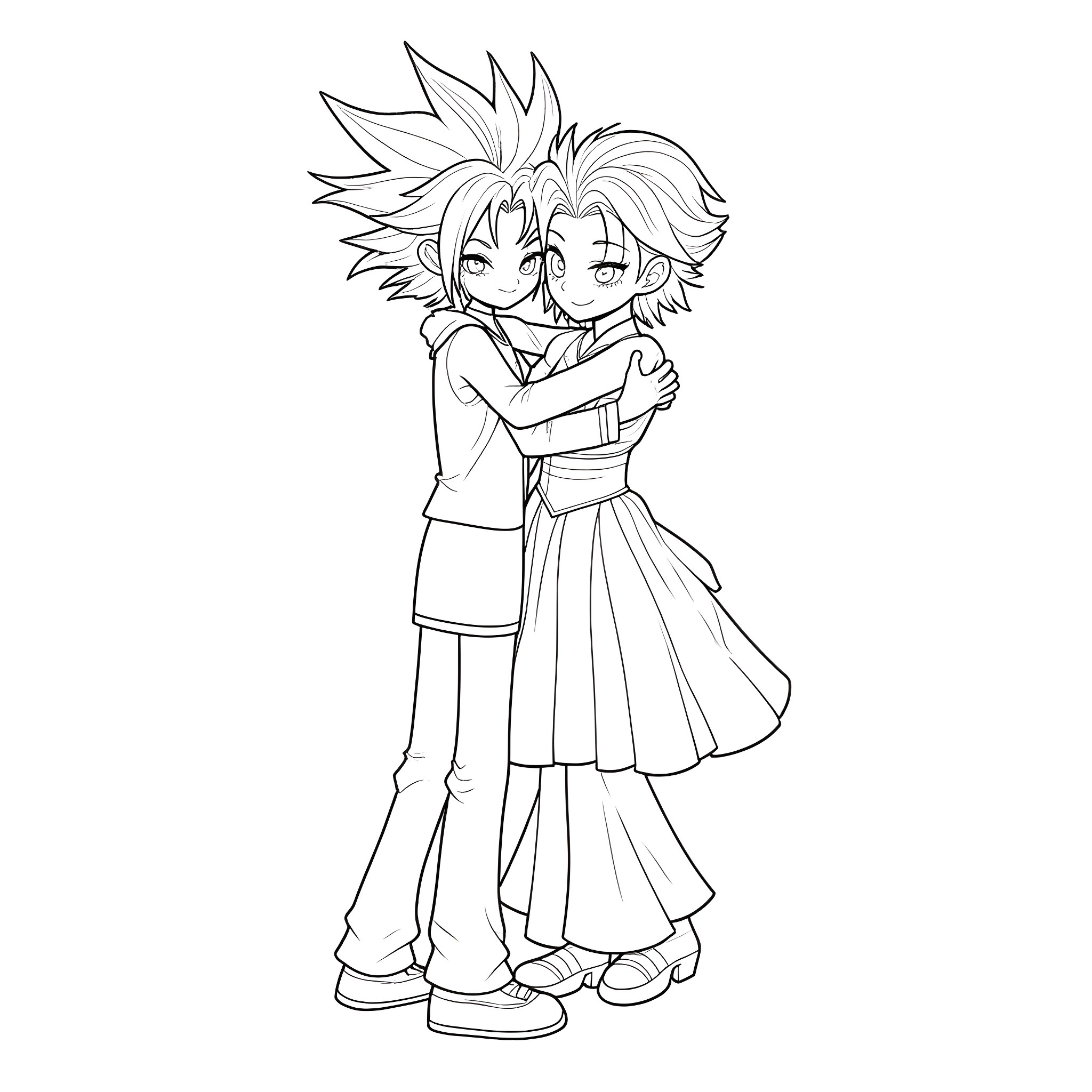 Yugi and friend in warm embrace Coloring Page (free black-and-white line drawing printable PDF for all, from beginners to advanced learners, including children, teens, adults, and seniors)