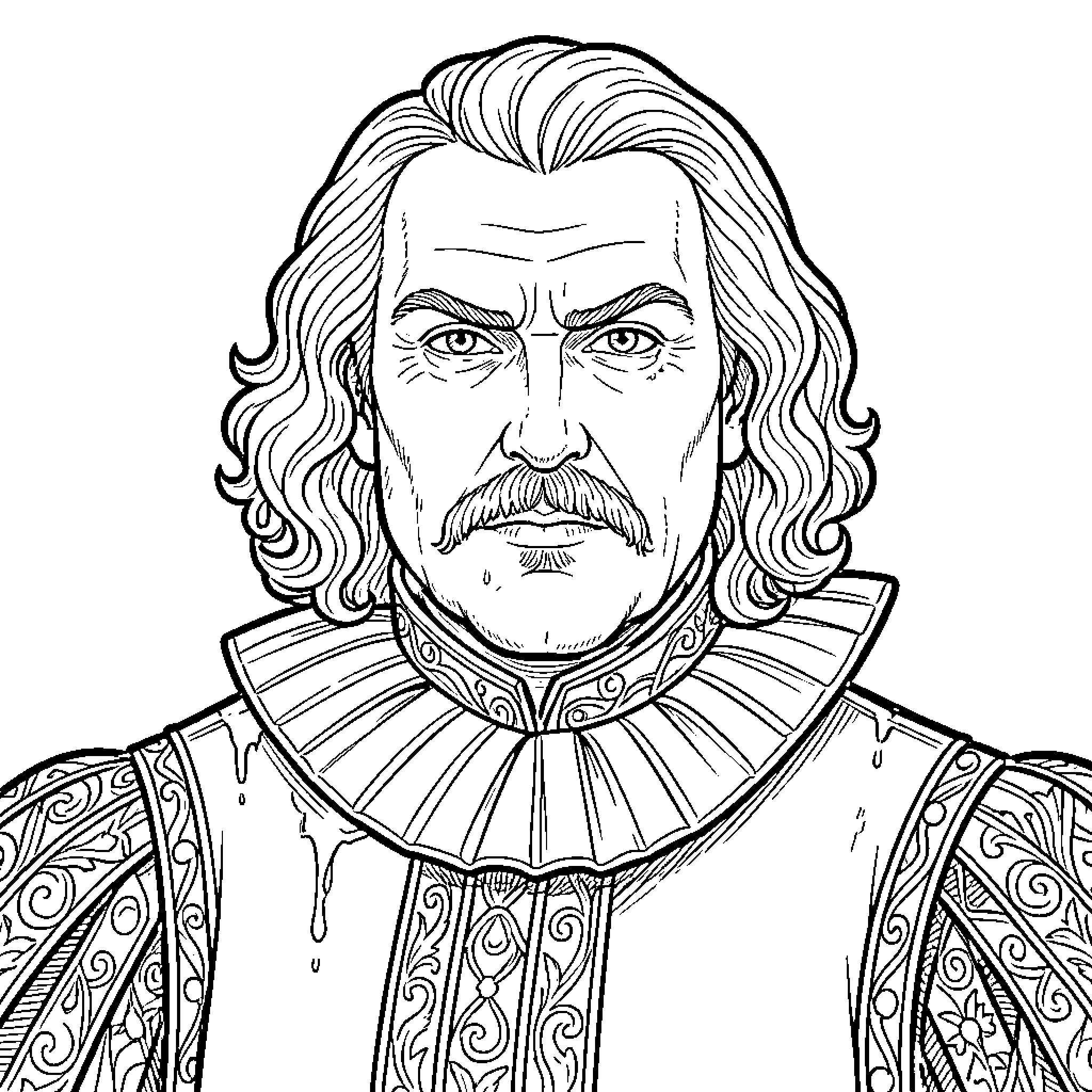 Henry VIII wearing ornate royal attire with a serious expression Coloring Page (free black-and-white line drawing printable PDF for all, from beginners to advanced learners, including children, teens, adults, and seniors)